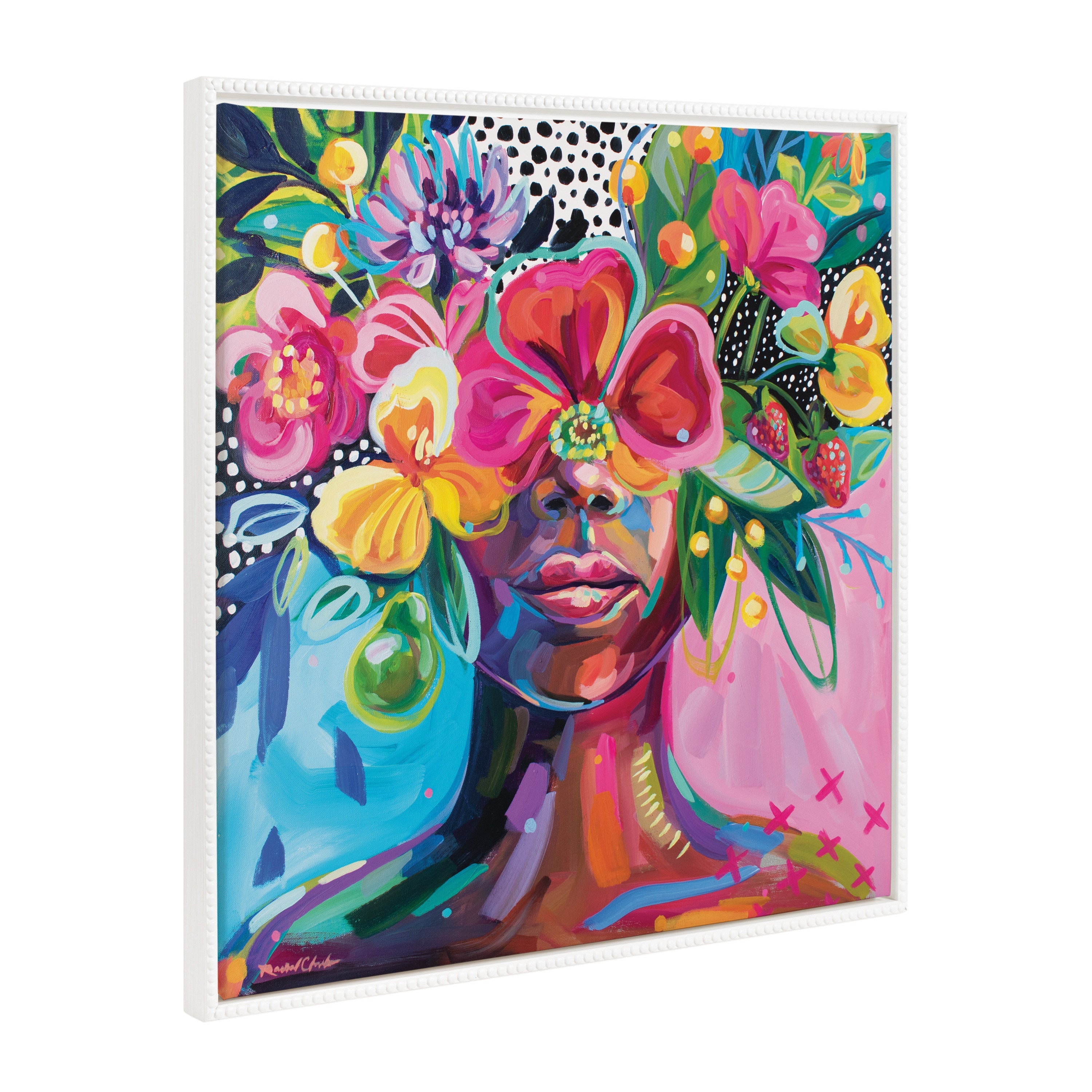 Framed canvas art with colorful flower crown and vintage beaded frame, titled 'She Was A Curious Mind' by Rachel Christopoulos