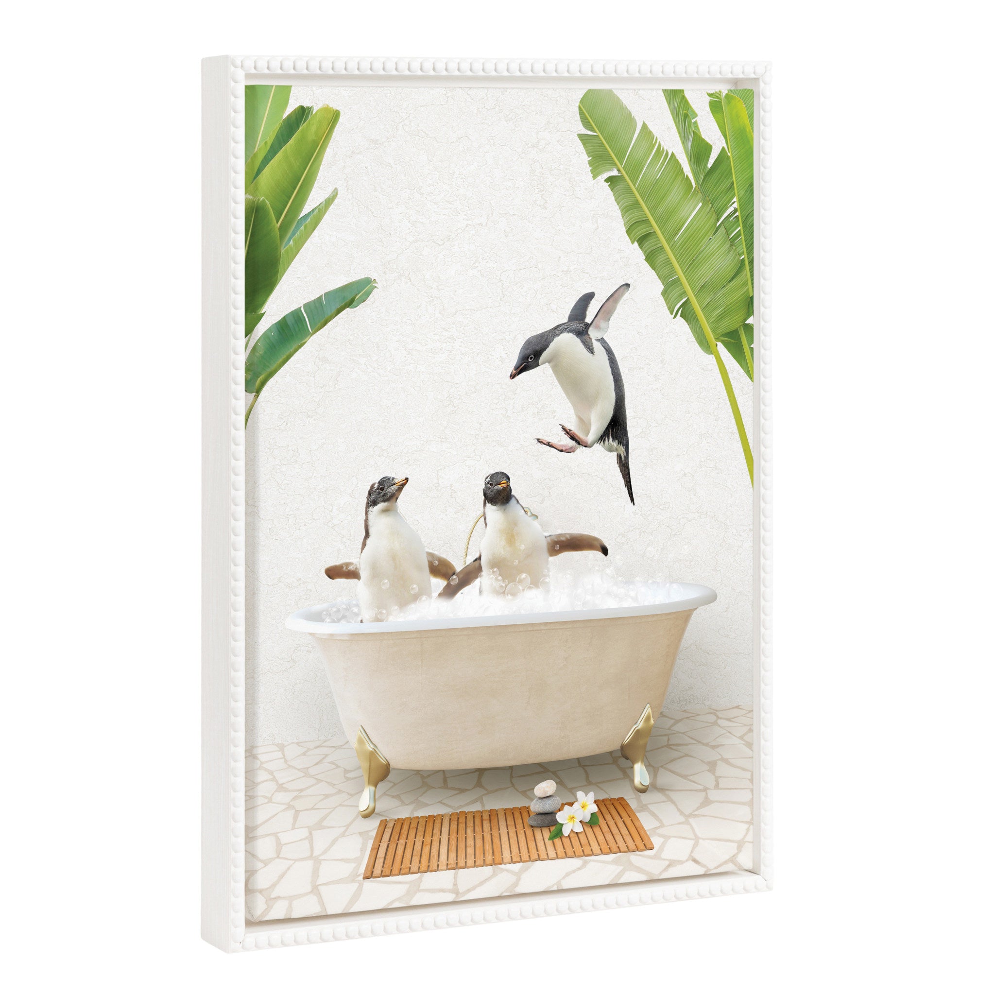 Sylvie Beaded Penguins Bali Bath framed canvas art showing penguin figures with a vintage beaded frame