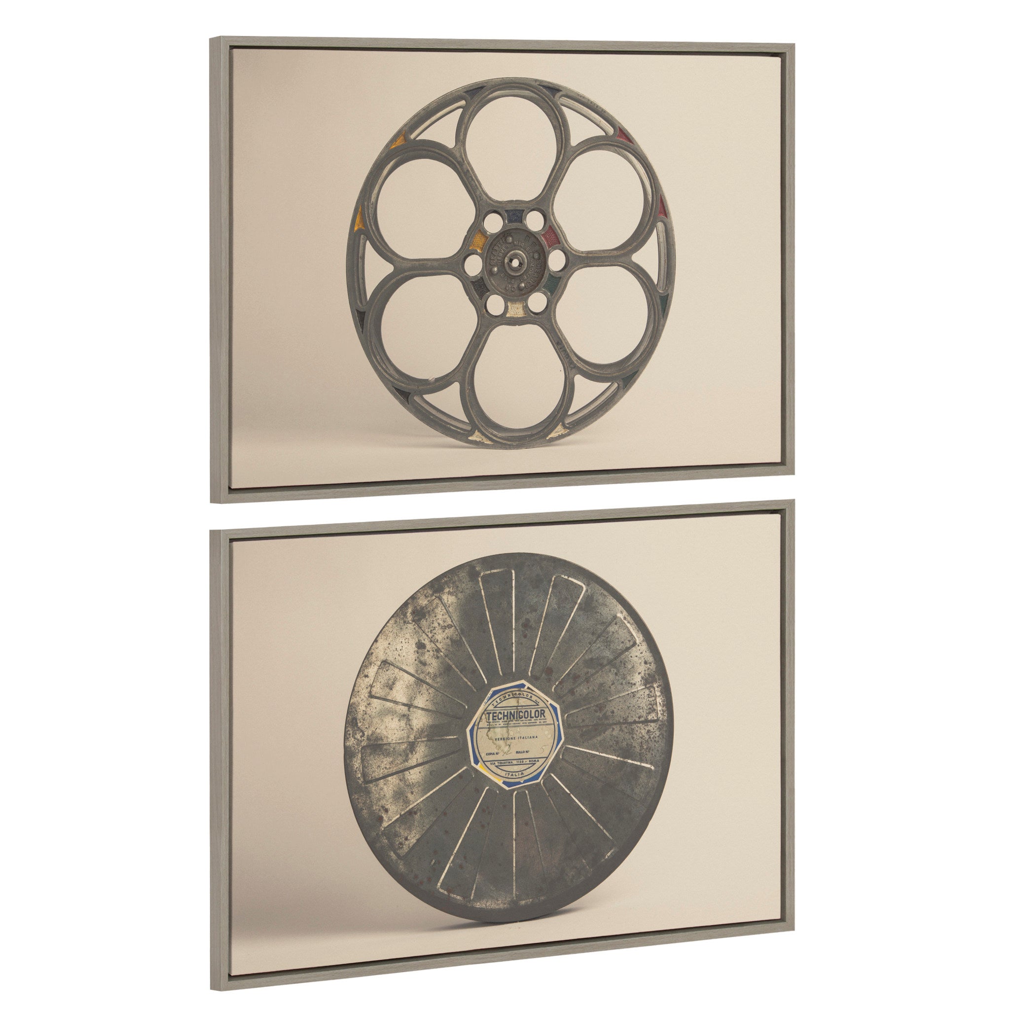 Sylvie Movie Tin and Movie Reel Sepia framed canvas art set: two sepia photos of a movie tin and movie reel in gray floating frames