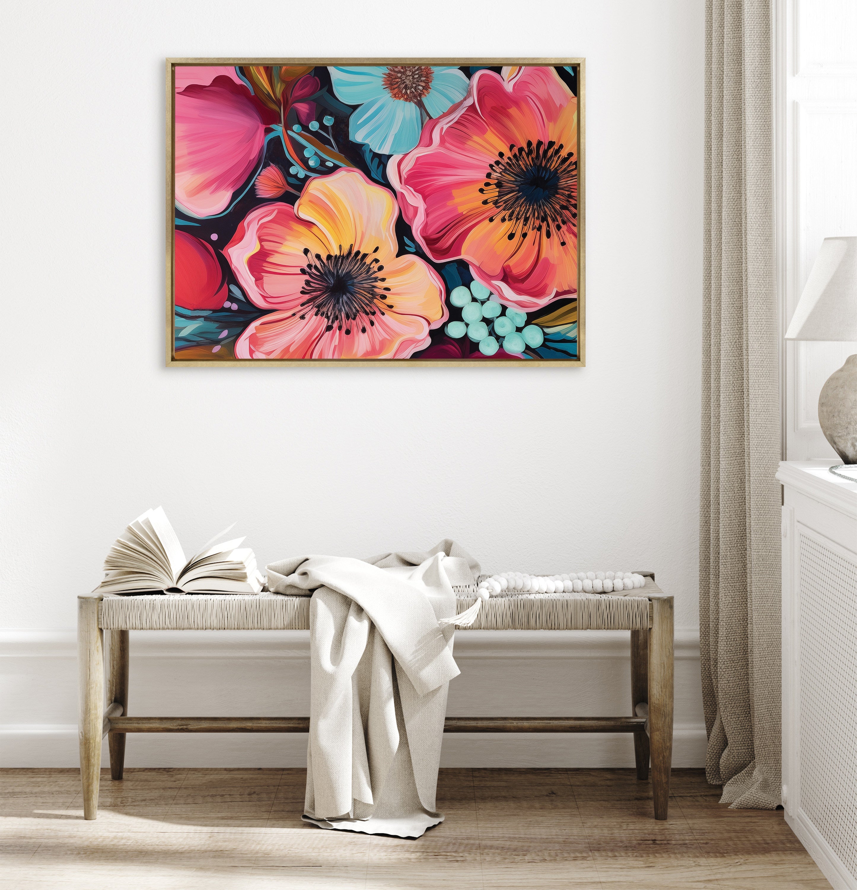 Sylvie Preppy Boho Aesthetic Colorful Floral Group Framed Canvas by The Creative Bunch Studio