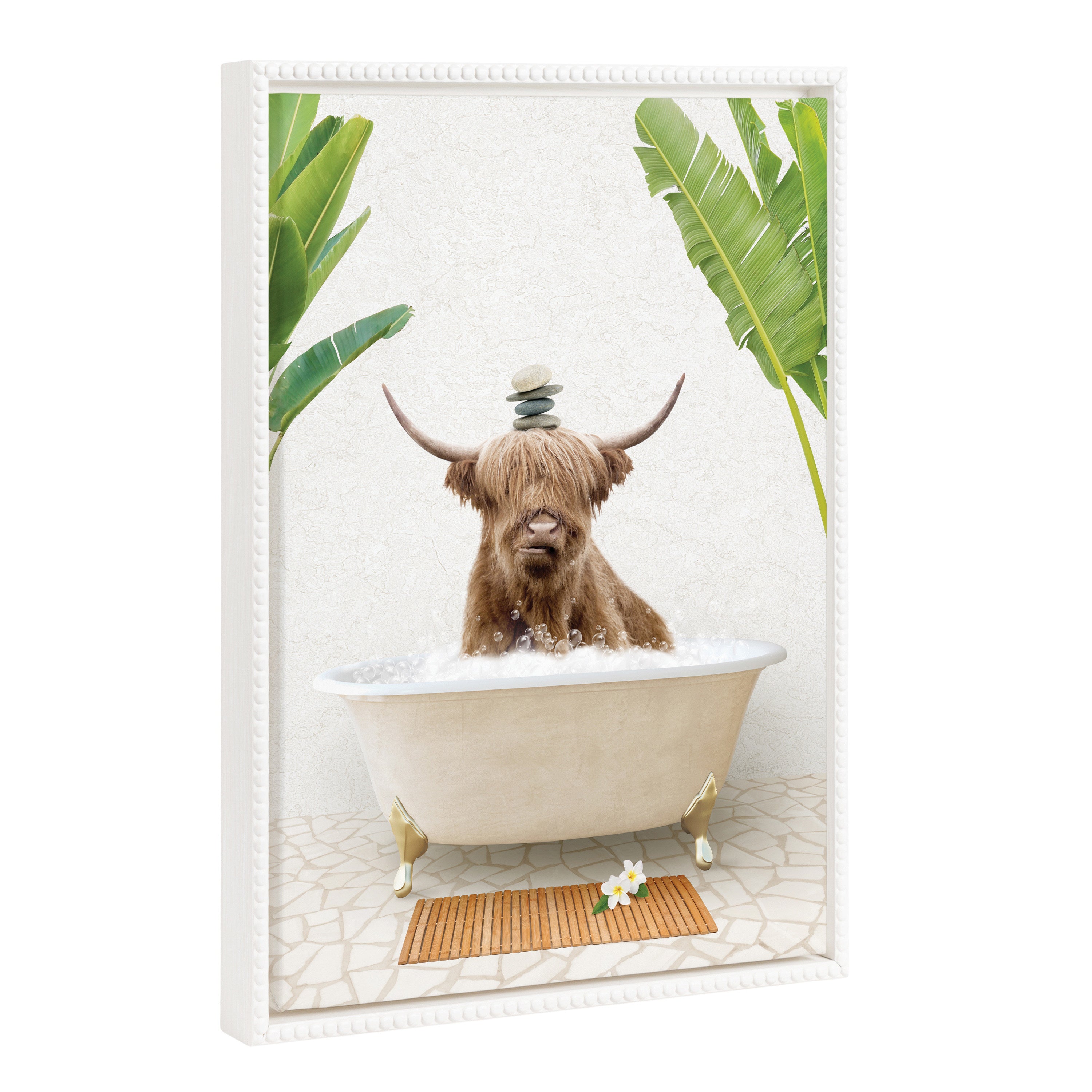 Sylvie Beaded Highland Cow and Stacked Rocks Bali Bath Framed Canvas by Amy Peterson
