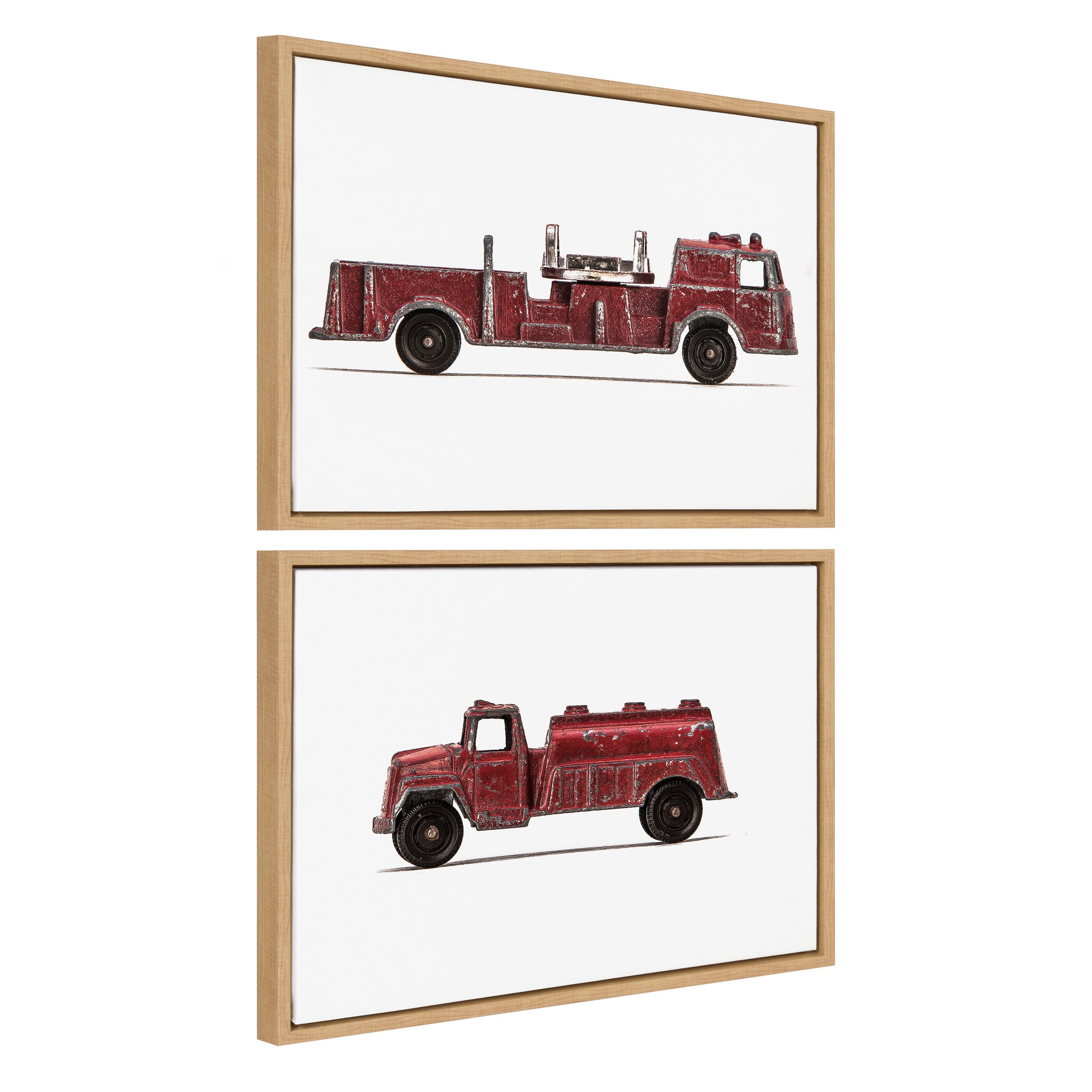 Sylvie Red Vintage Toy Fire Engine and Water Truck Framed Canvas Art Set