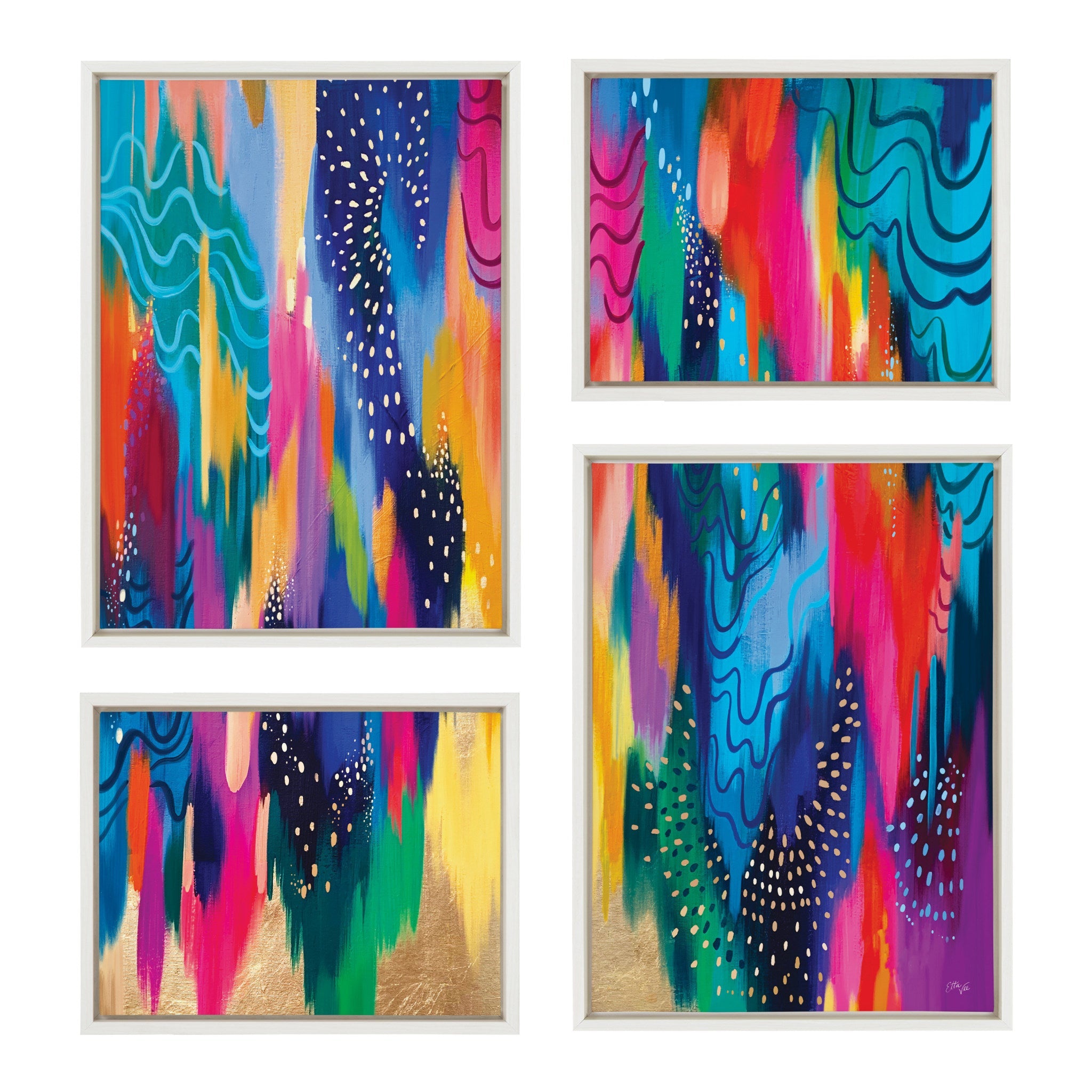 Sylvie EV Brushstroke 128 Framed Canvas Art Set showing abstract colorful brushstroke designs in four frames arranged on wall