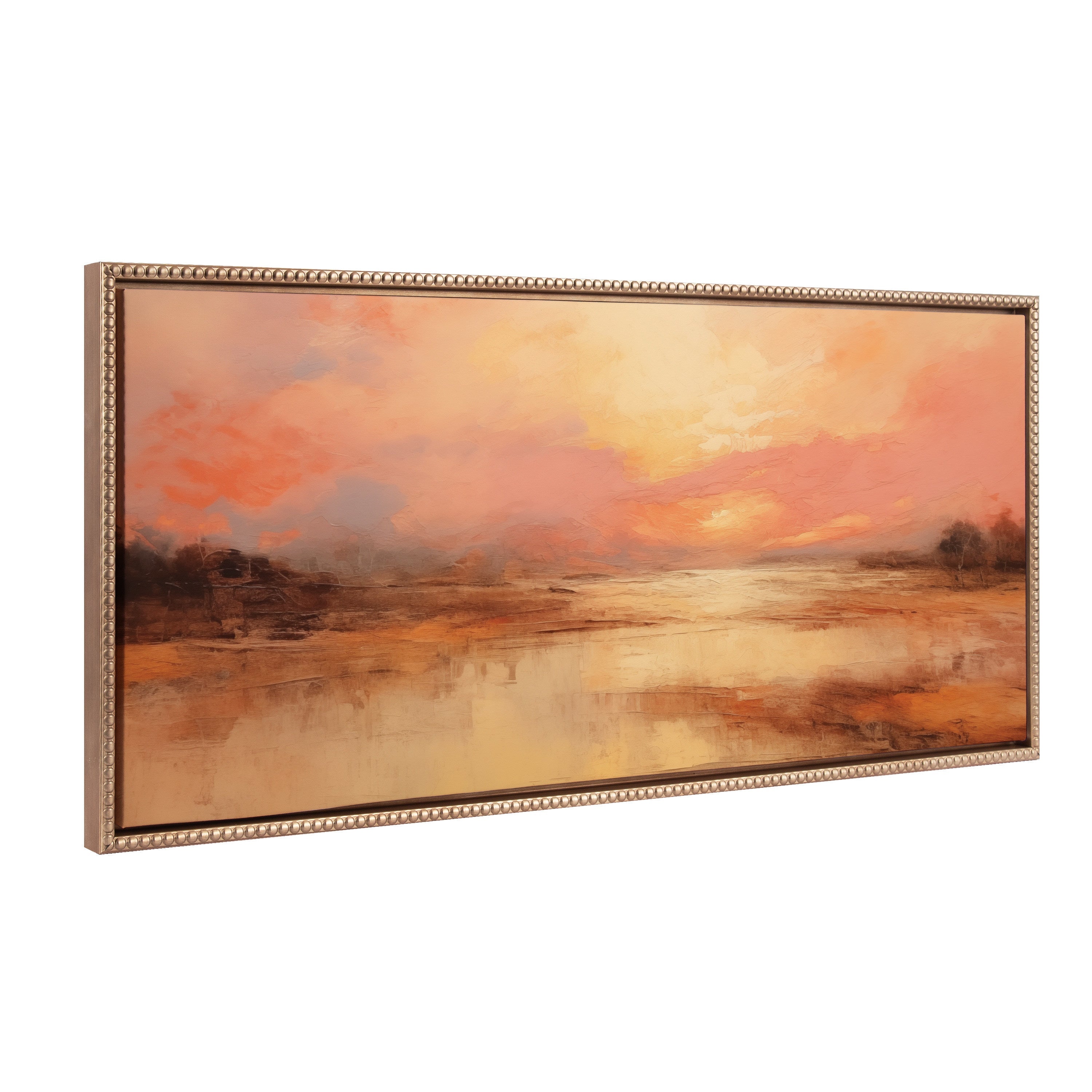 Sylvie Beaded Peach Landscape framed canvas art with golden peach hues and vintage beaded frame.