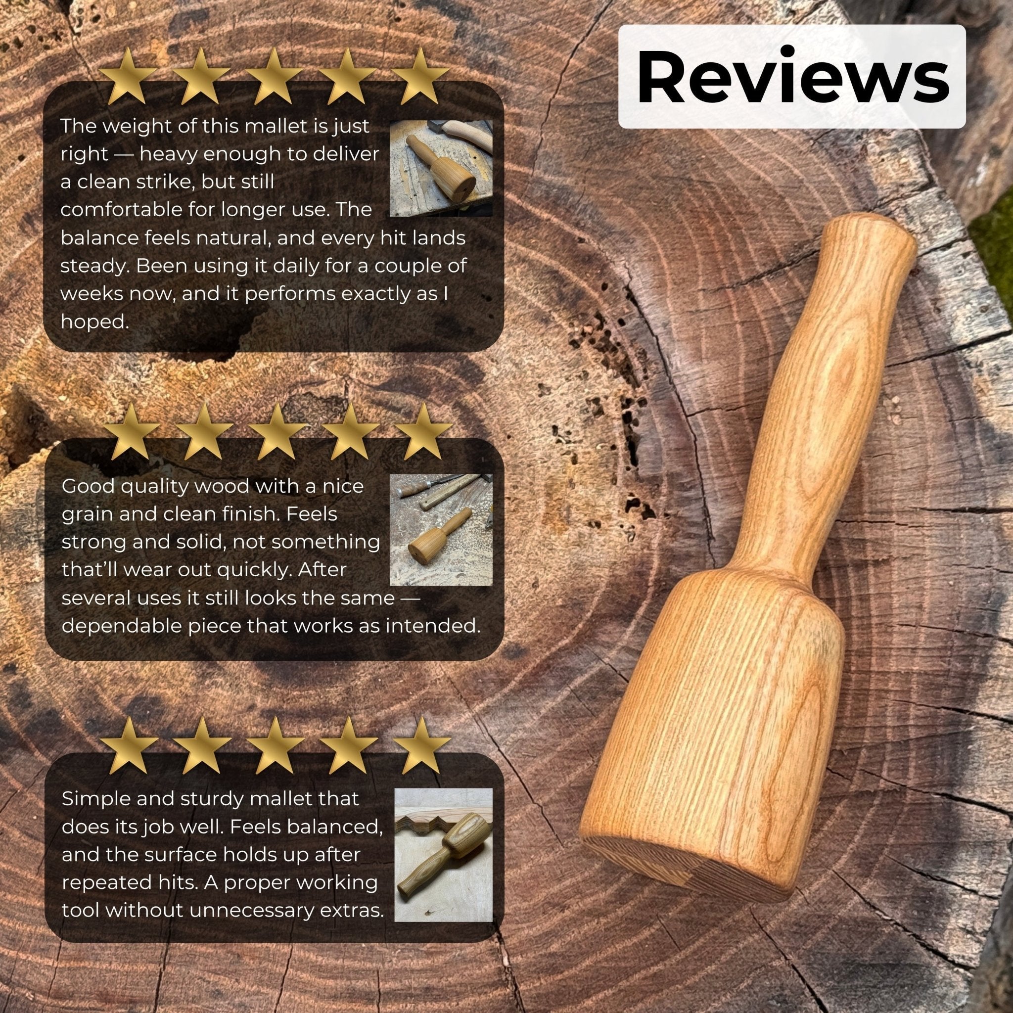 Quiet 7 oz. wooden mallet with ash wood handle by Sharky Forged Steel Tools
