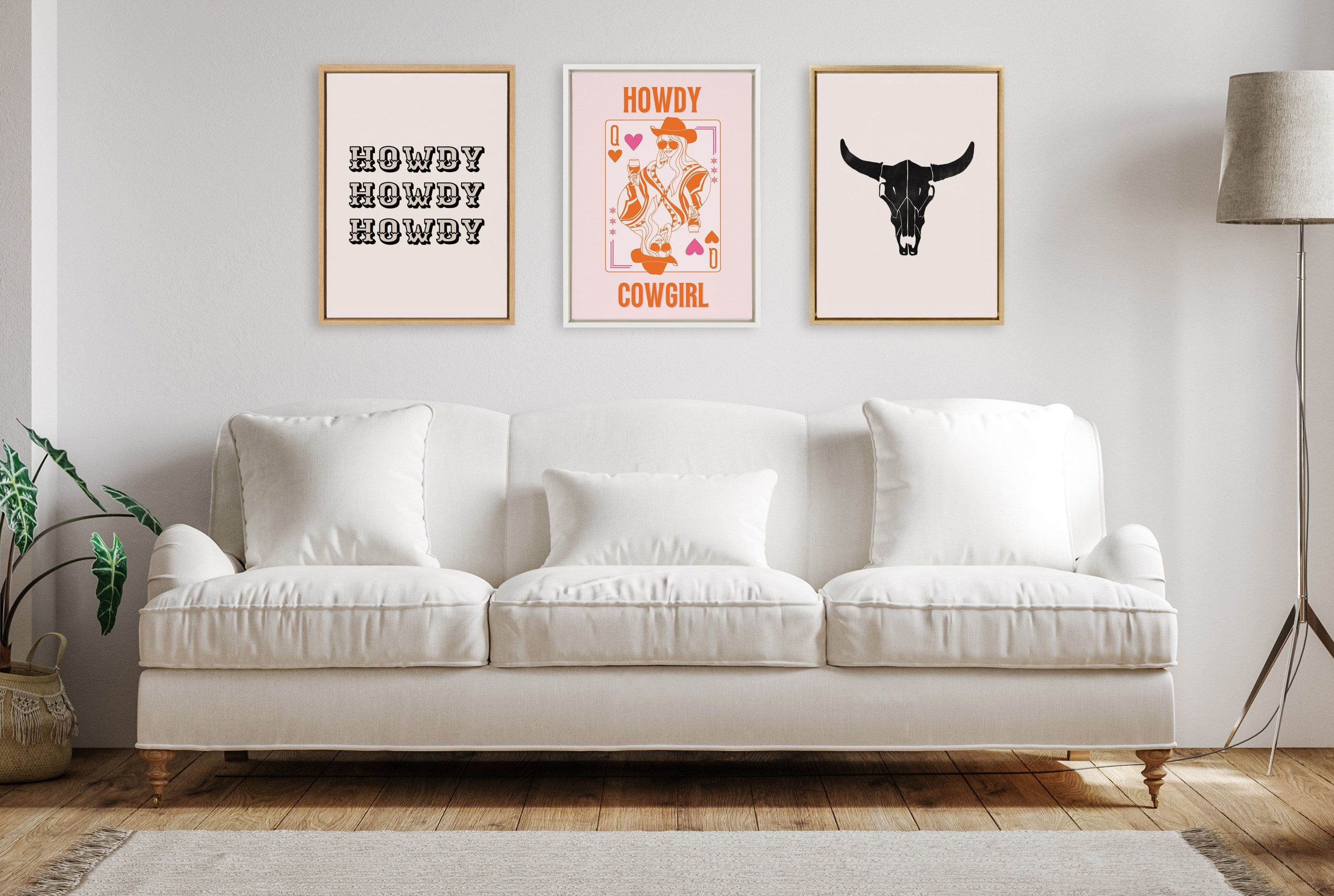 Sylvie Howdy Cowgirl Pink Orange Framed Canvas by Honey Island Studio