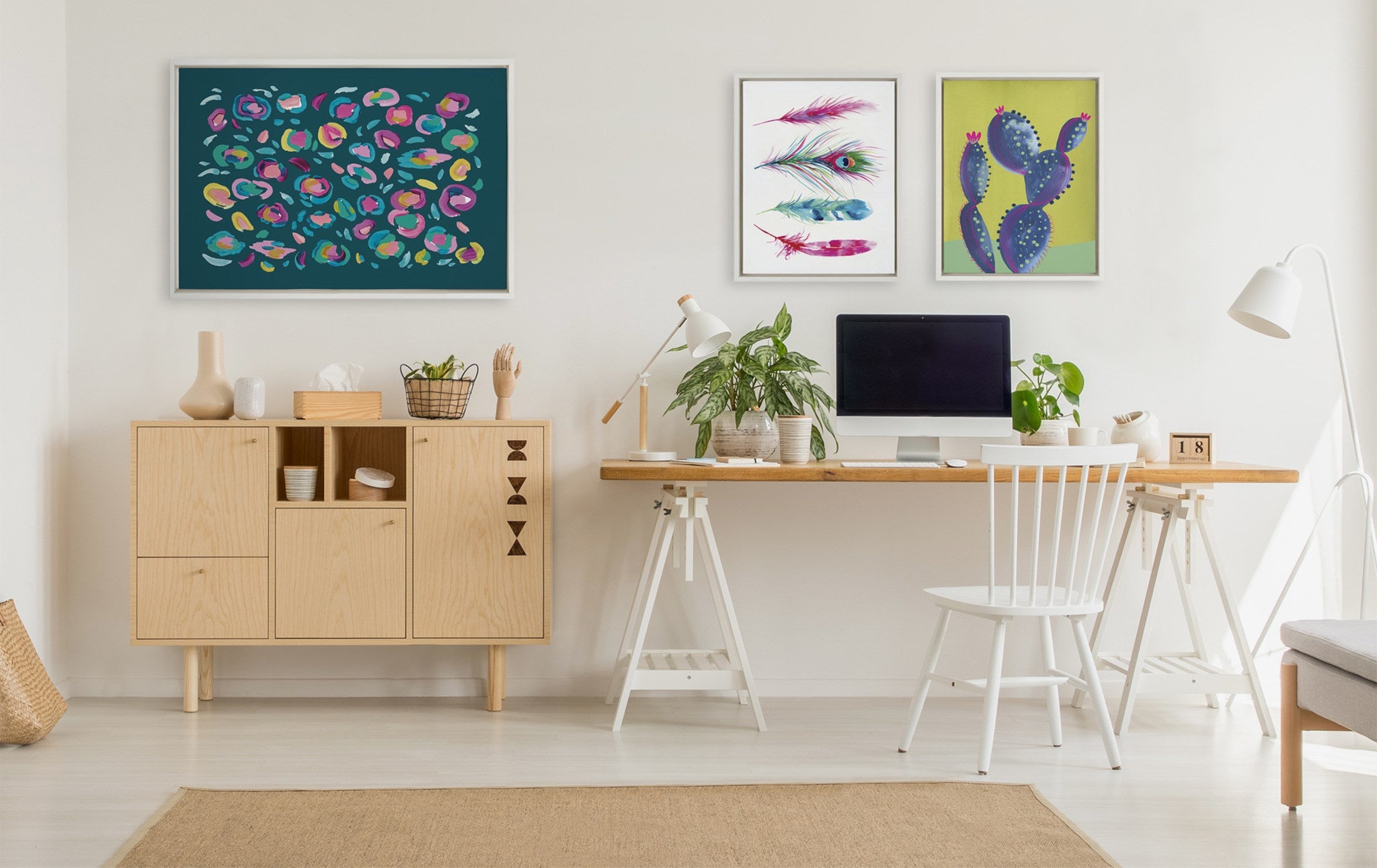 Sylvie Leopard 3, Feather Four and 800 Folk Cactus v2 Framed Canvas by kateandlaurel - product image 5 for Resin Society