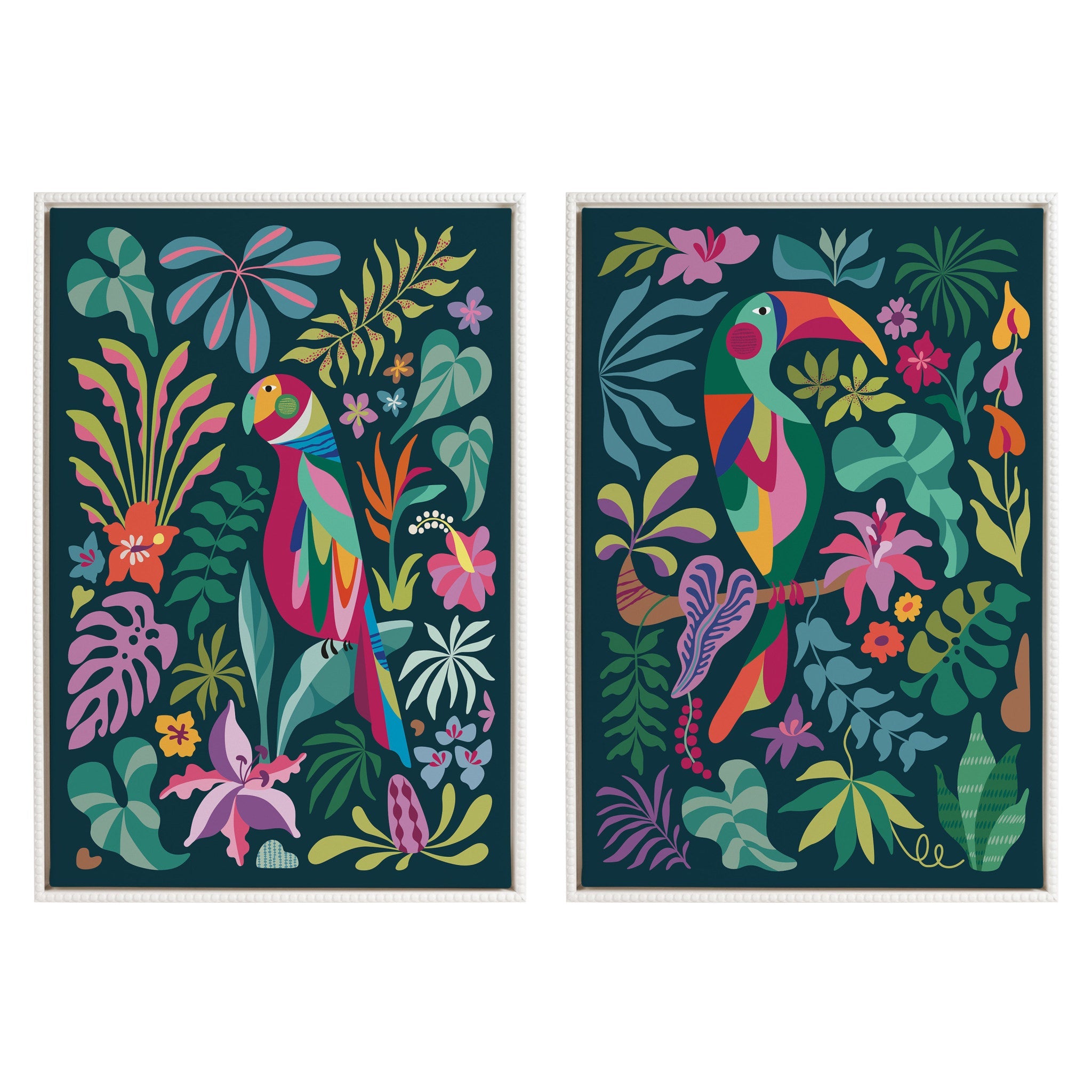 Framed canvas art set showing colorful Tropical Parrot and Tropical Toucan illustrations in vintage beaded white frames