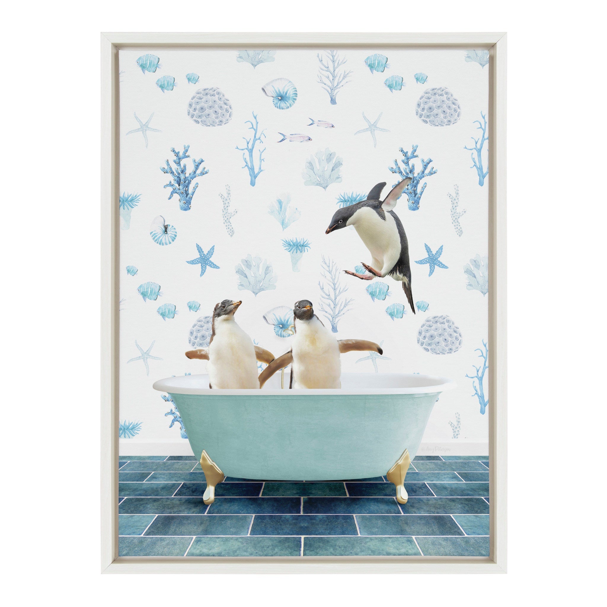 Sylvie Penguins In Under the Sea Bath Framed Canvas by kateandlaurel - product image 2 for Resin Society