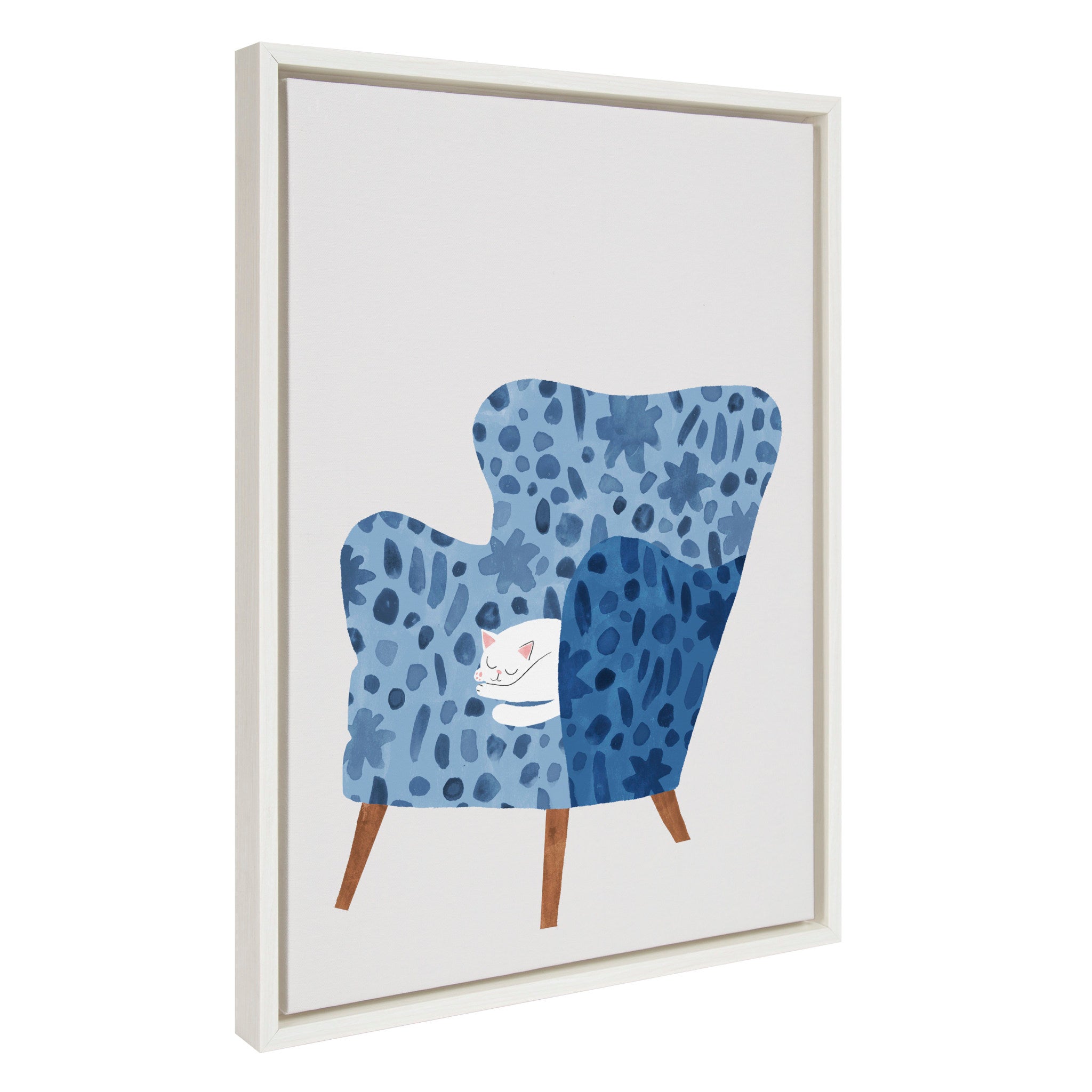 Sylvie 10 Cornflower Chair framed canvas art featuring a colorful chair in shades of blue and purple, displayed in a modern living room