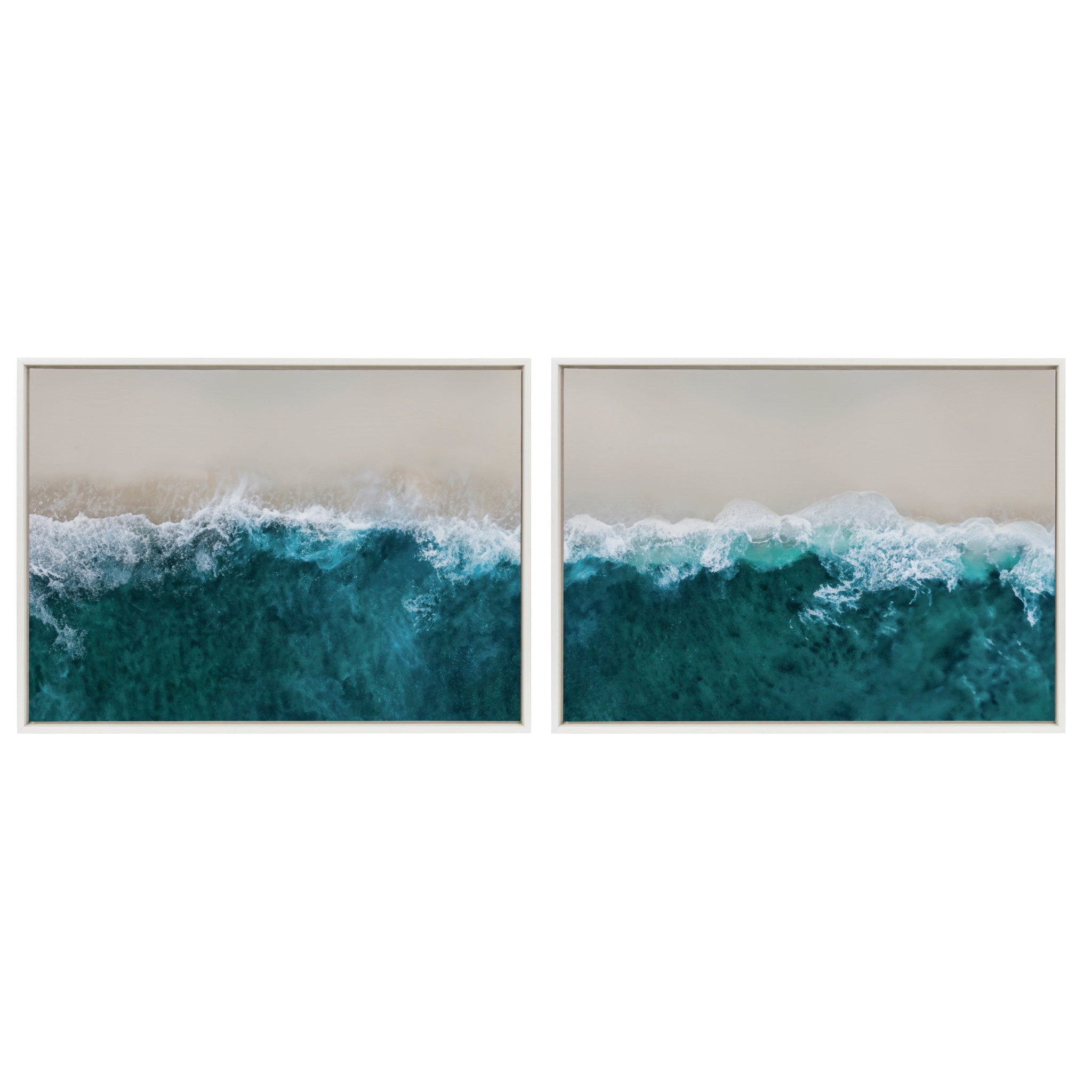 Sylvie Waves Crashing on the Beach 1 and 2 framed canvas art set showing crashing coastal waves with white frames