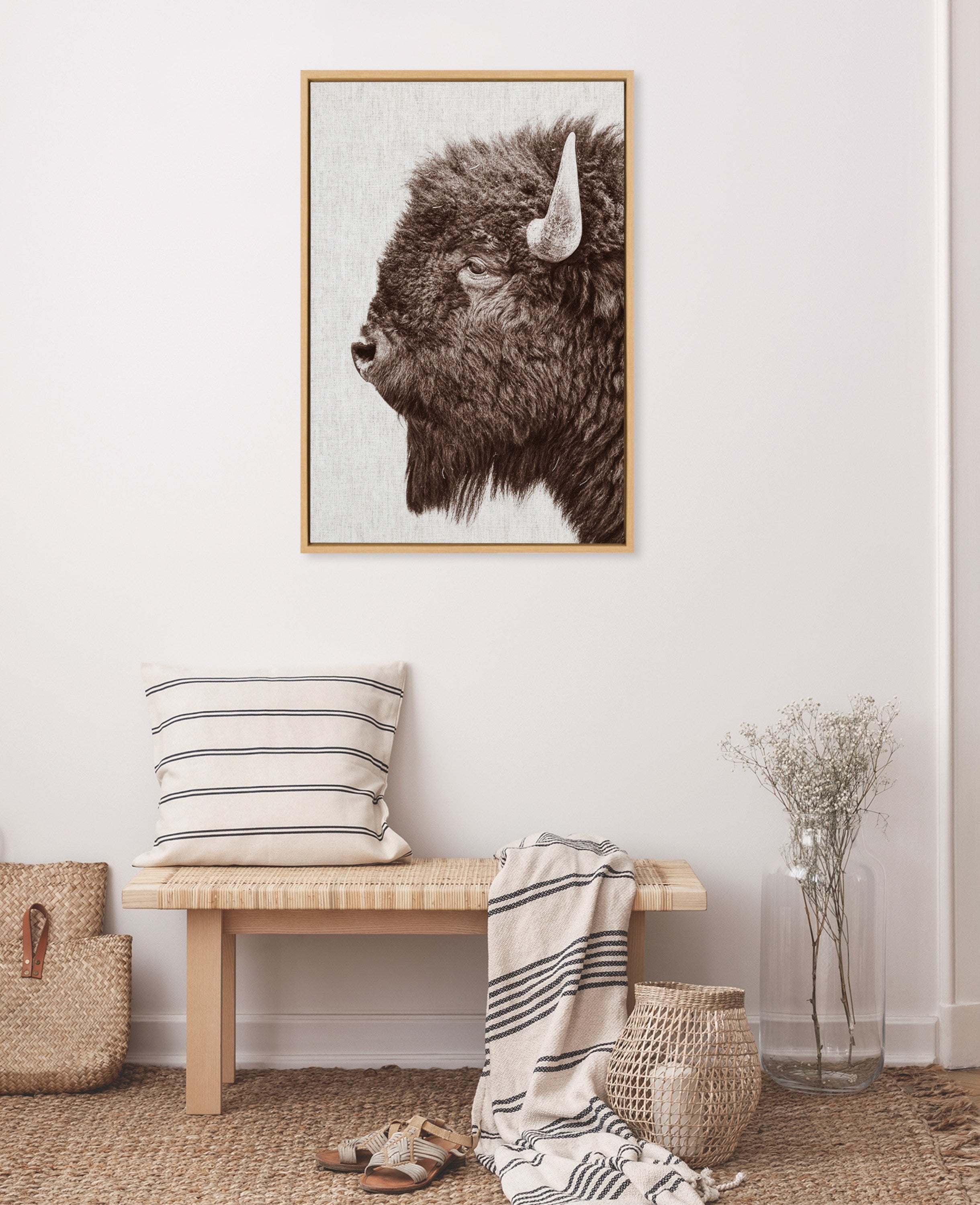 Sylvie Bison Profile Woven Neutral Linen Framed Canvas by Amy Peterson Art Studio