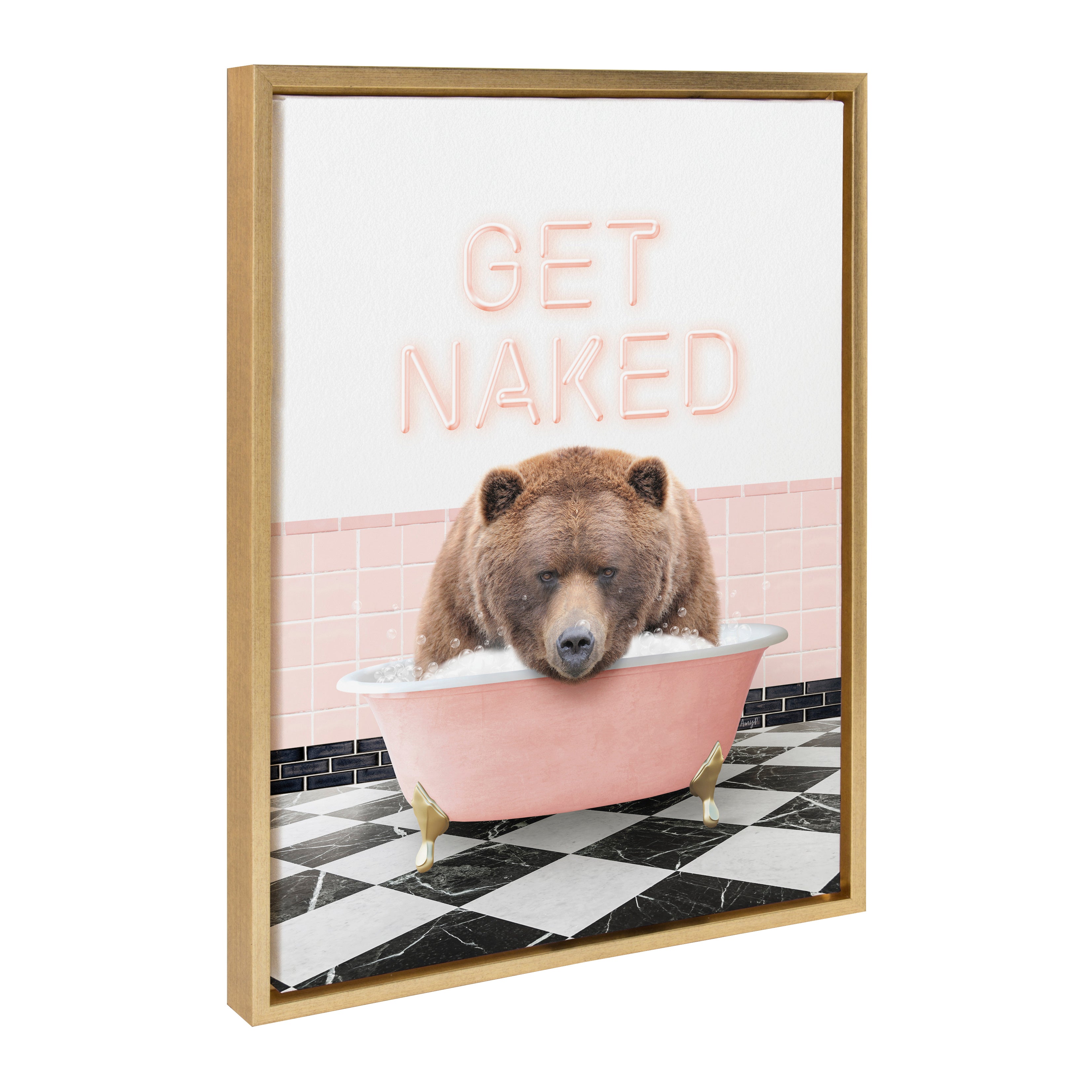 Sylvie Big Bear Retro Neon Sign Bath framed canvas art showing a bear in a bathtub with neon sign style
