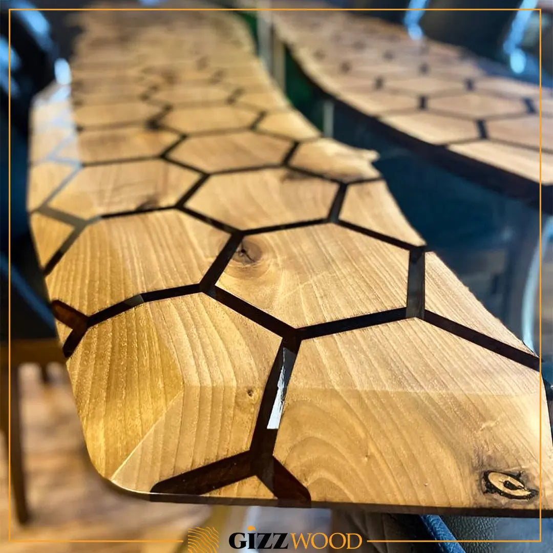 Hexagon Resin Dining Table made of walnut wood and epoxy resin with aluminum legs