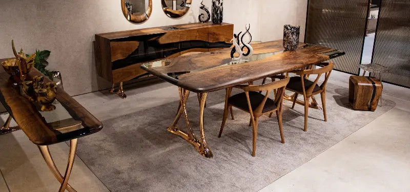 Custom epoxy resin dining room table with walnut wood and rose gold aluminum legs