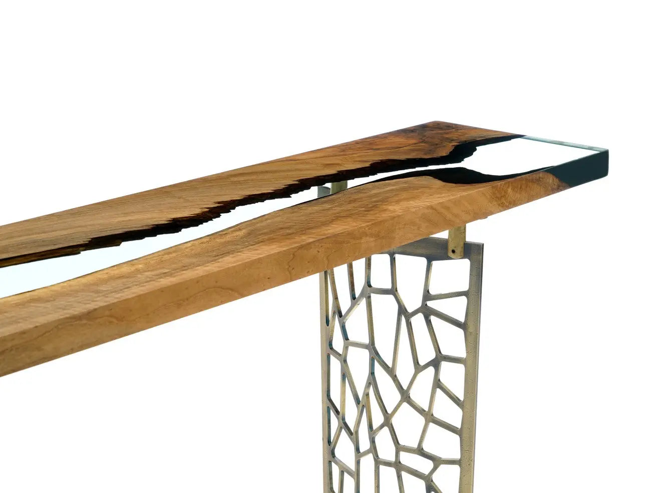 Walnut wood and resin sofa and entry console table with metal legs from Voronoi collection