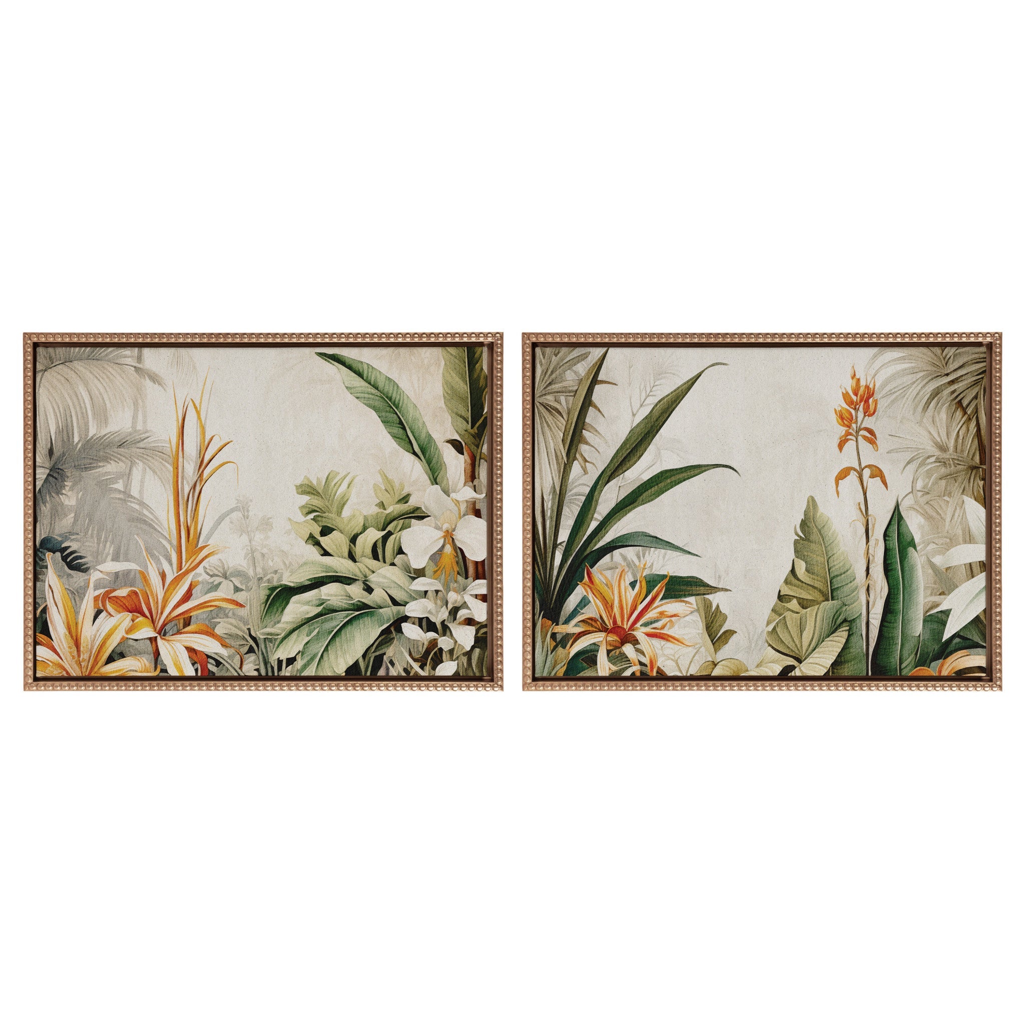 Sylvie Beaded Retro Jungle Botanical set showing two framed canvas art pieces with jungle safari themes in gold beaded frames