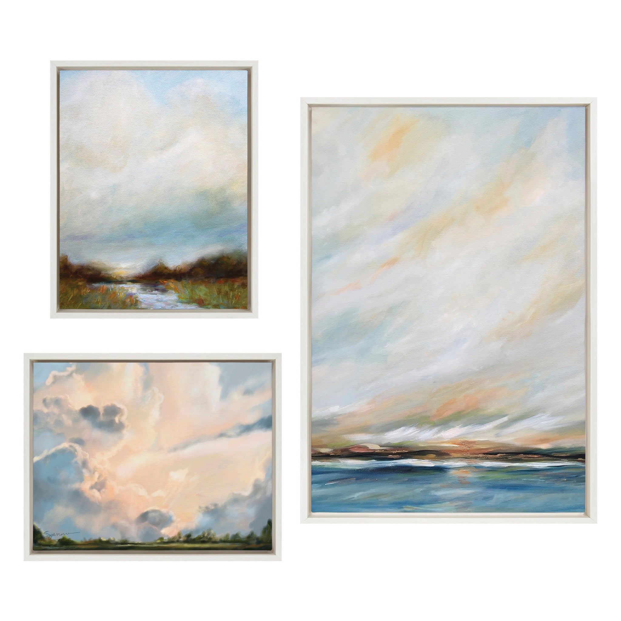 Sylvie Sunday Morning, Tranquility and Clouds framed canvas art set displayed on wall