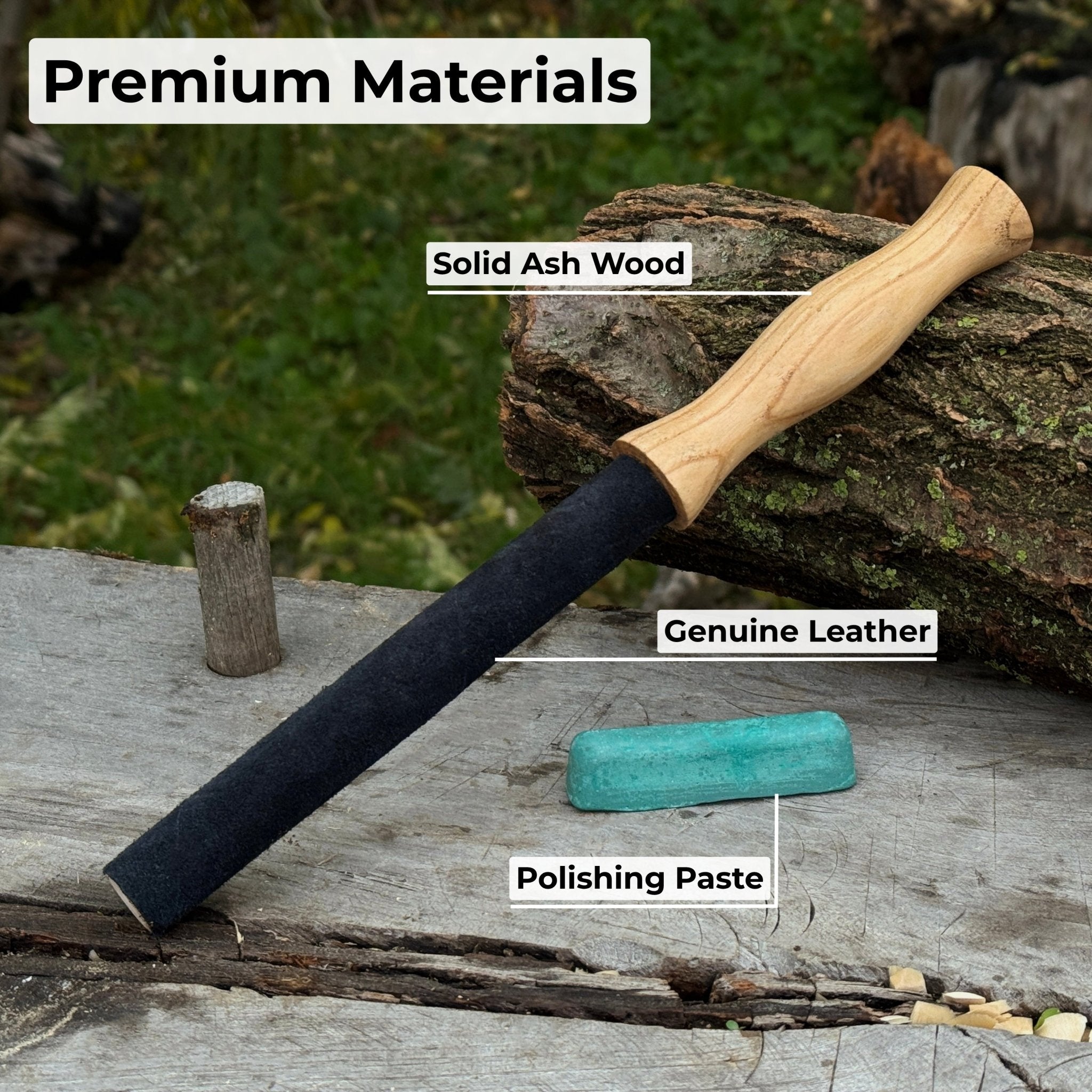 Round leather strop with ash wood handle for knife sharpening