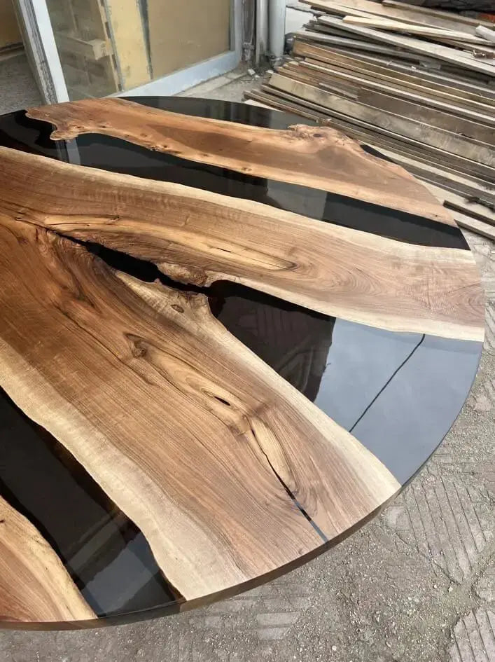 Round epoxy resin dining table with walnut wooden tulip base