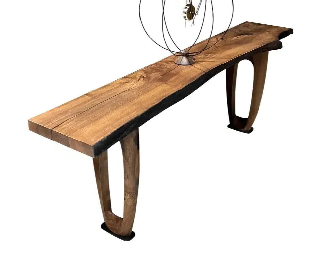 Rustic Walnut Console Table with live edge and handcrafted curved wooden legs