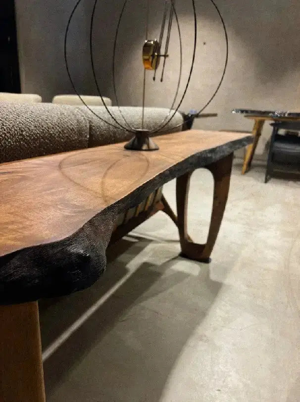 Rustic Walnut Console Table with live edge and handcrafted curved wooden legs