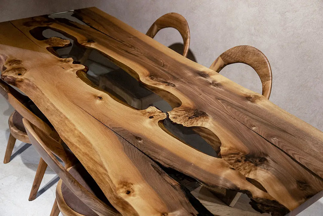Live edge rustic epoxy resin river dining table made of walnut wood