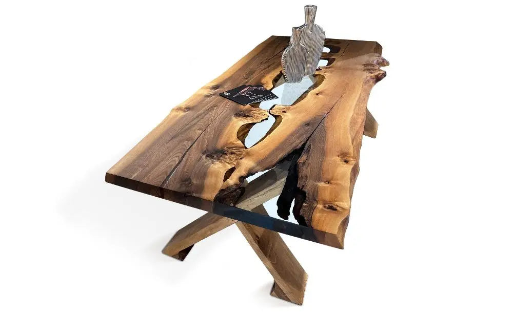 Live edge rustic epoxy resin river dining table made of walnut wood