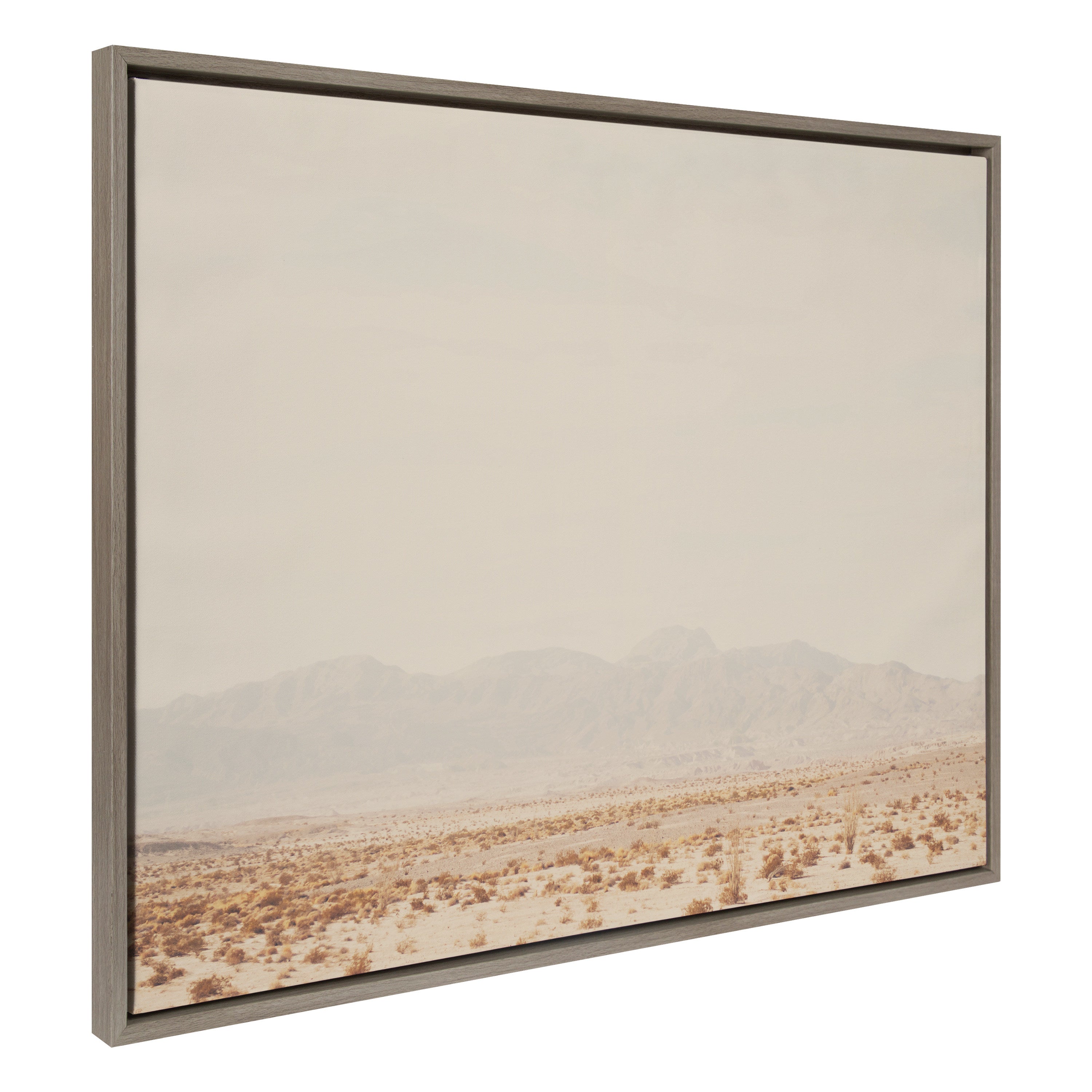 Framed canvas art 'Sylvie California Dreaming' by Laura Evans showing dusty California desert mountains in gray tones