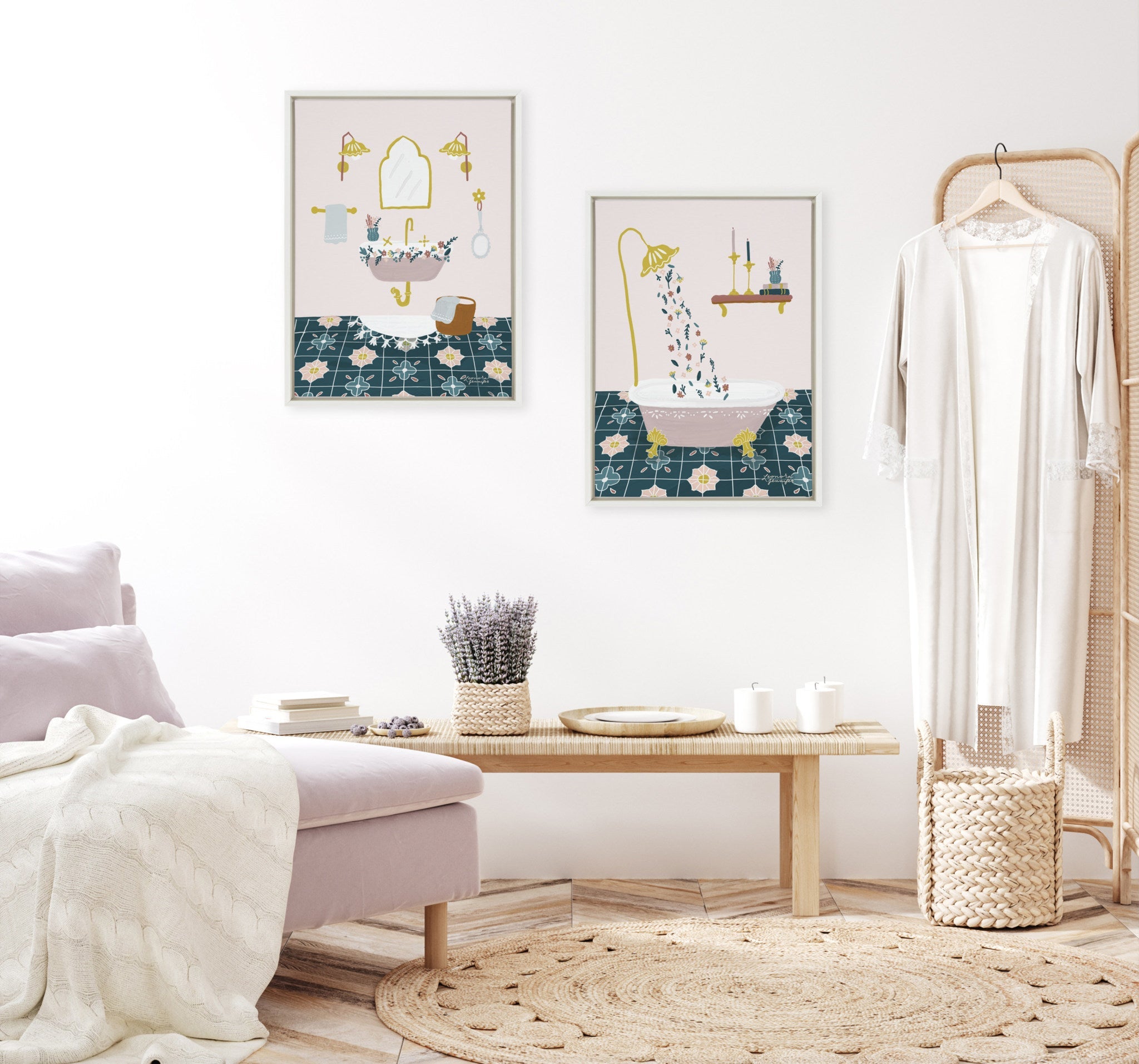 Sylvie Floral Sink and Floral Bath Framed Canvas Art Set by Leonora Jennifer Benza