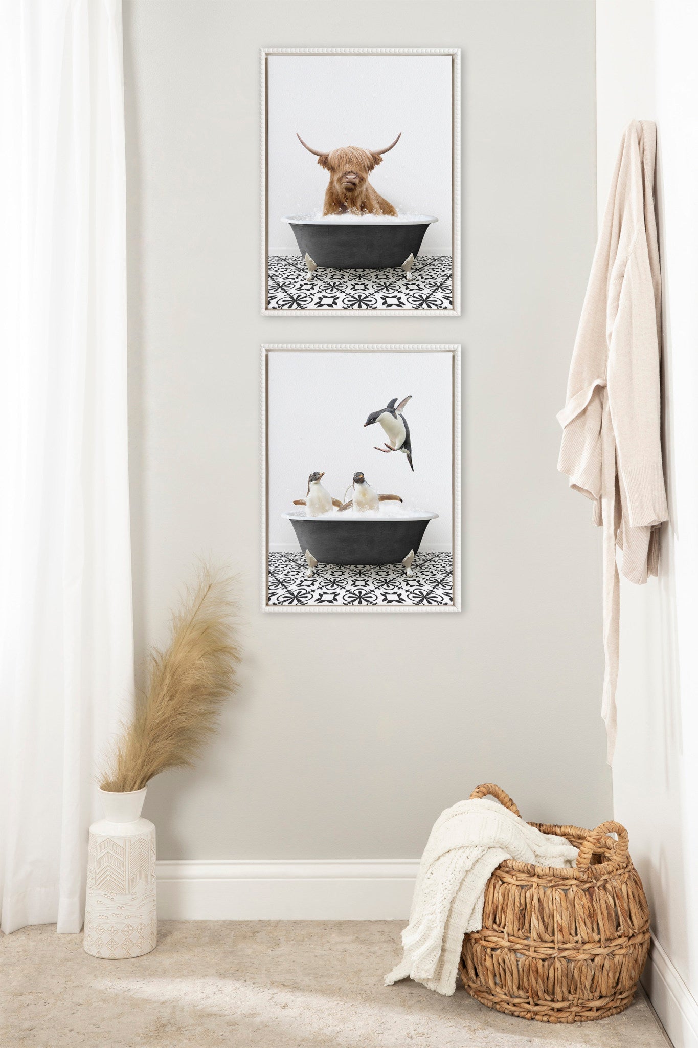 Sylvie Beaded Highland Cow in Black and White Stencil Bath Framed Canvas by Amy Peterson