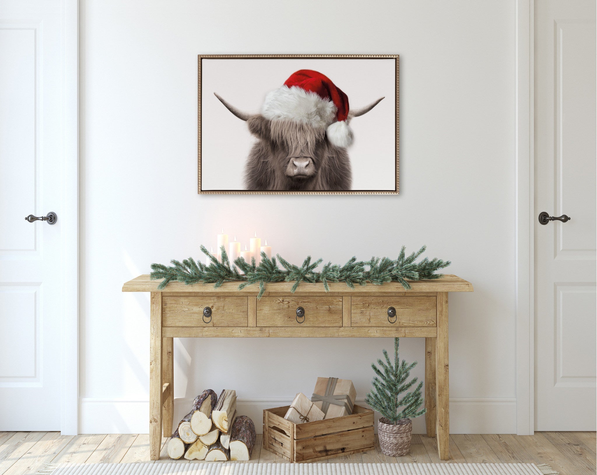Sylvie Beaded Hey Dude Highland Cow Color Santa Hat Framed Canvas by The Creative Bunch Studio