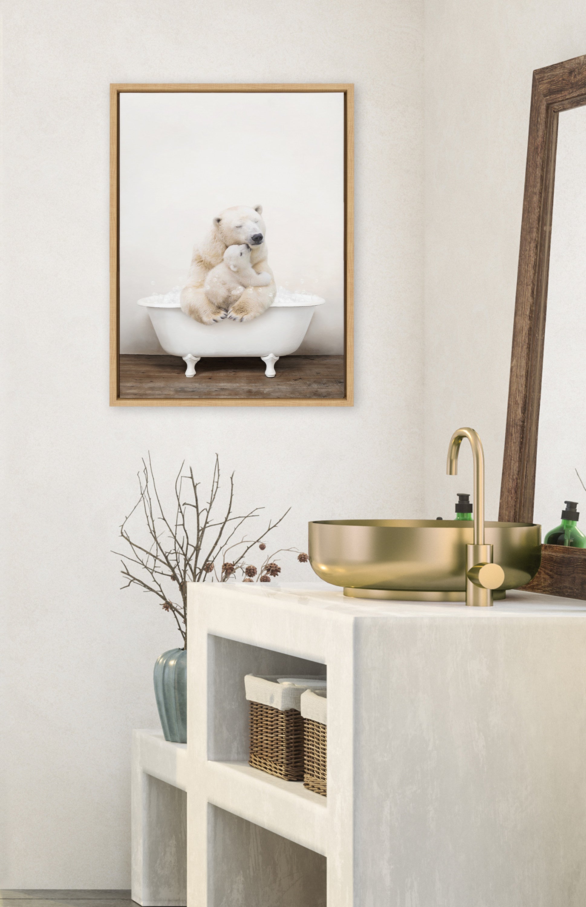 Sylvie Mother and Baby Polar Bear in Rustic Bath Framed Canvas
