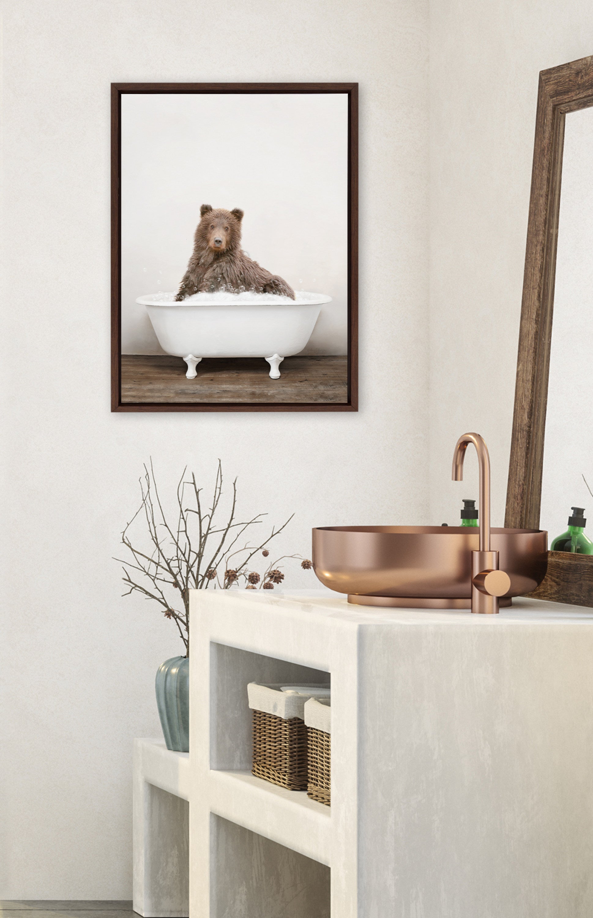 Sylvie Bear Rustic Bubble Bath Framed Canvas by kateandlaurel - product image 4 for Resin Society