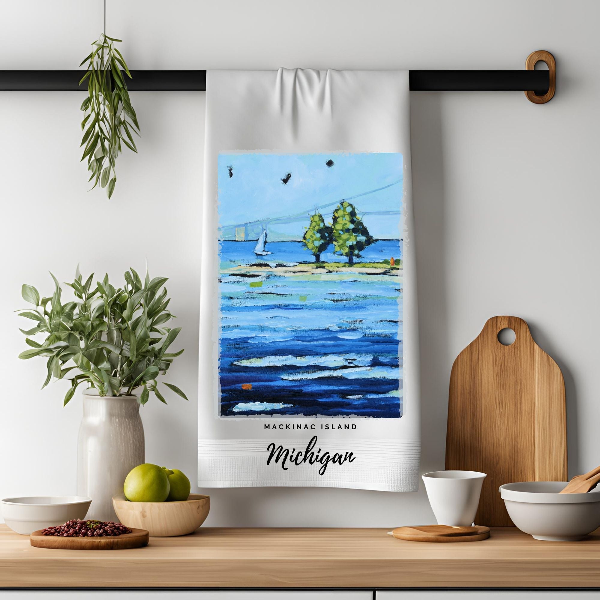 Dish Towel - "Sailing- Mackinac Bridge Kitchen Towel" by Dreese Fine Art - Resin Society