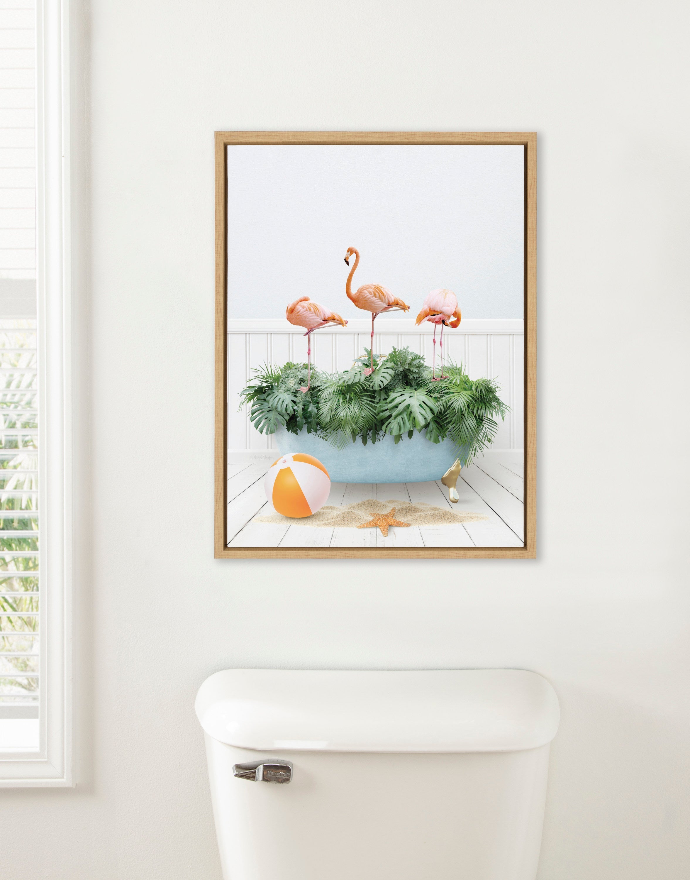 Sylvie Three Flamingos Beach House Bath Framed Canvas by Amy Peterson