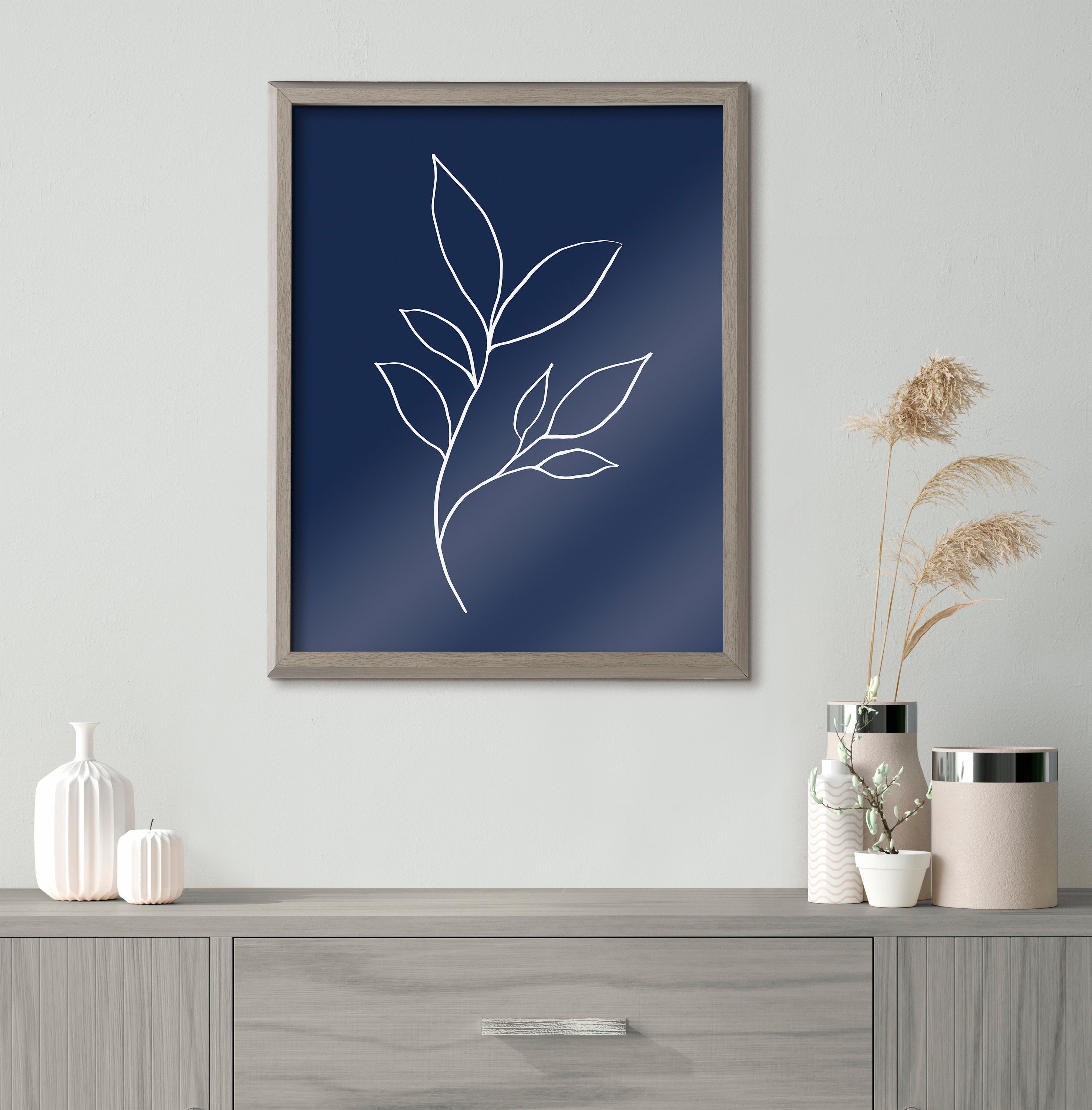 Blake Modern Blue Botanical Line Sketch Print 3 Framed Printed Glass