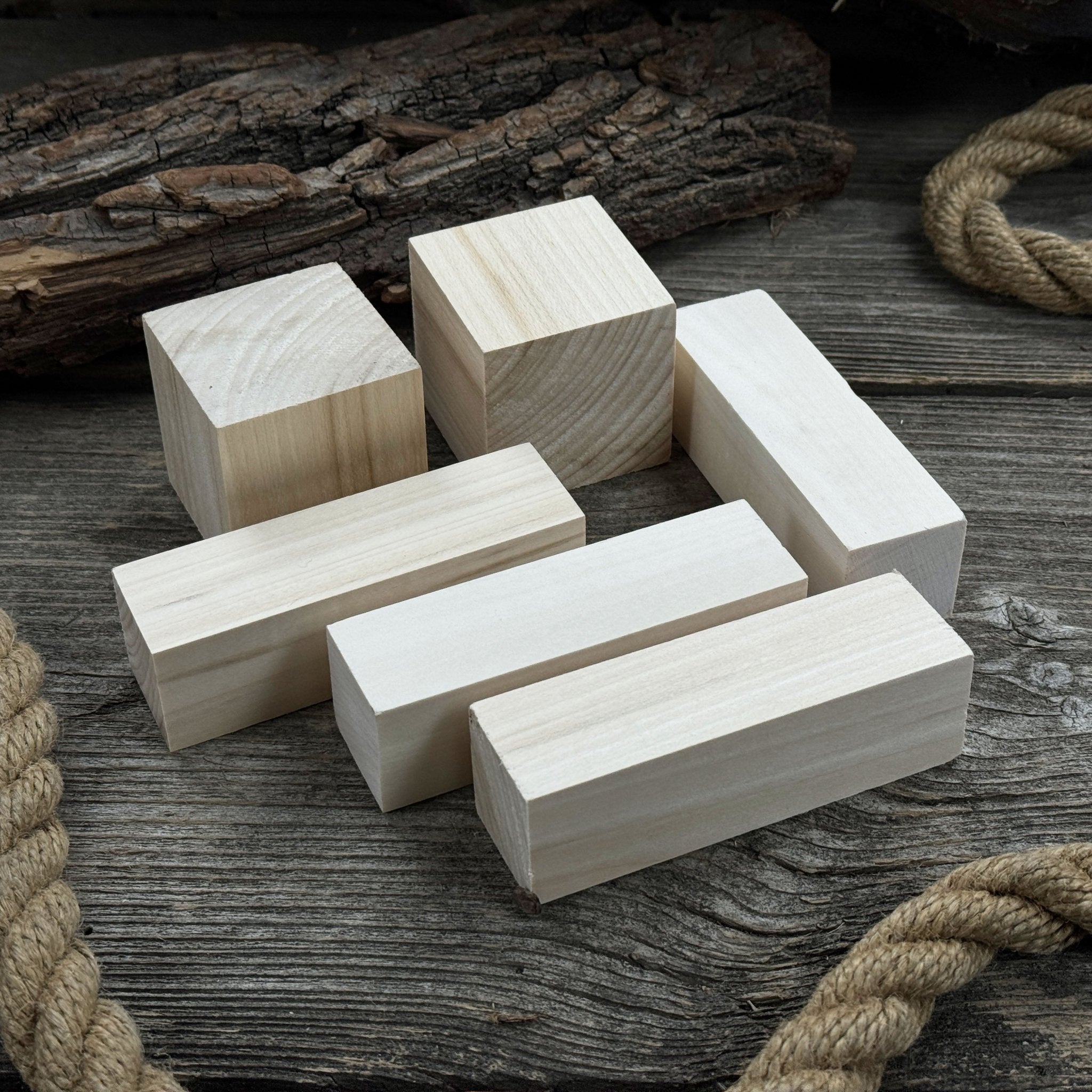 Set of 16 finely sanded linden wood carving blanks in cube and block shapes