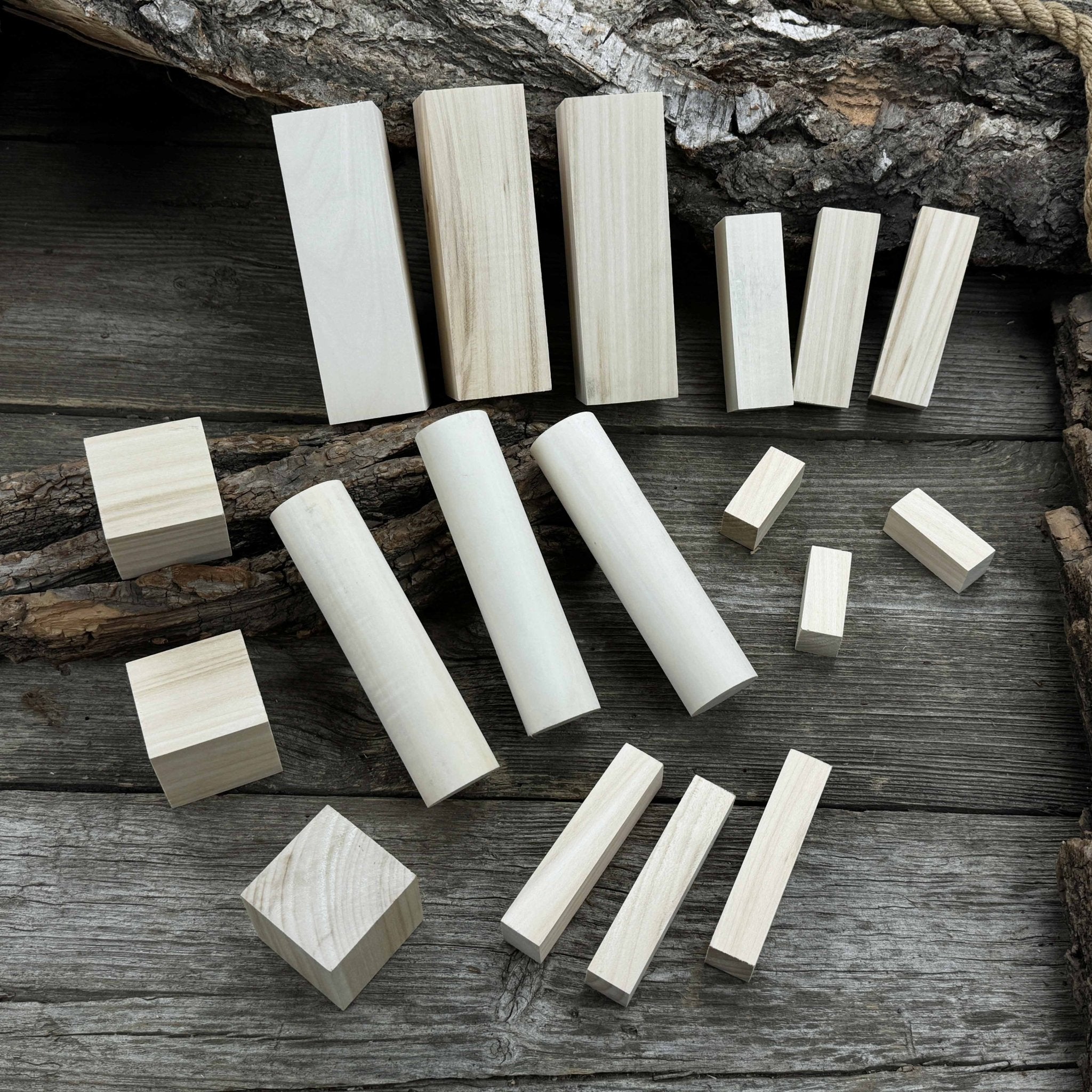 Set of 18 assorted linden wood carving blanks in various sizes by Sharky Forged Steel Tools