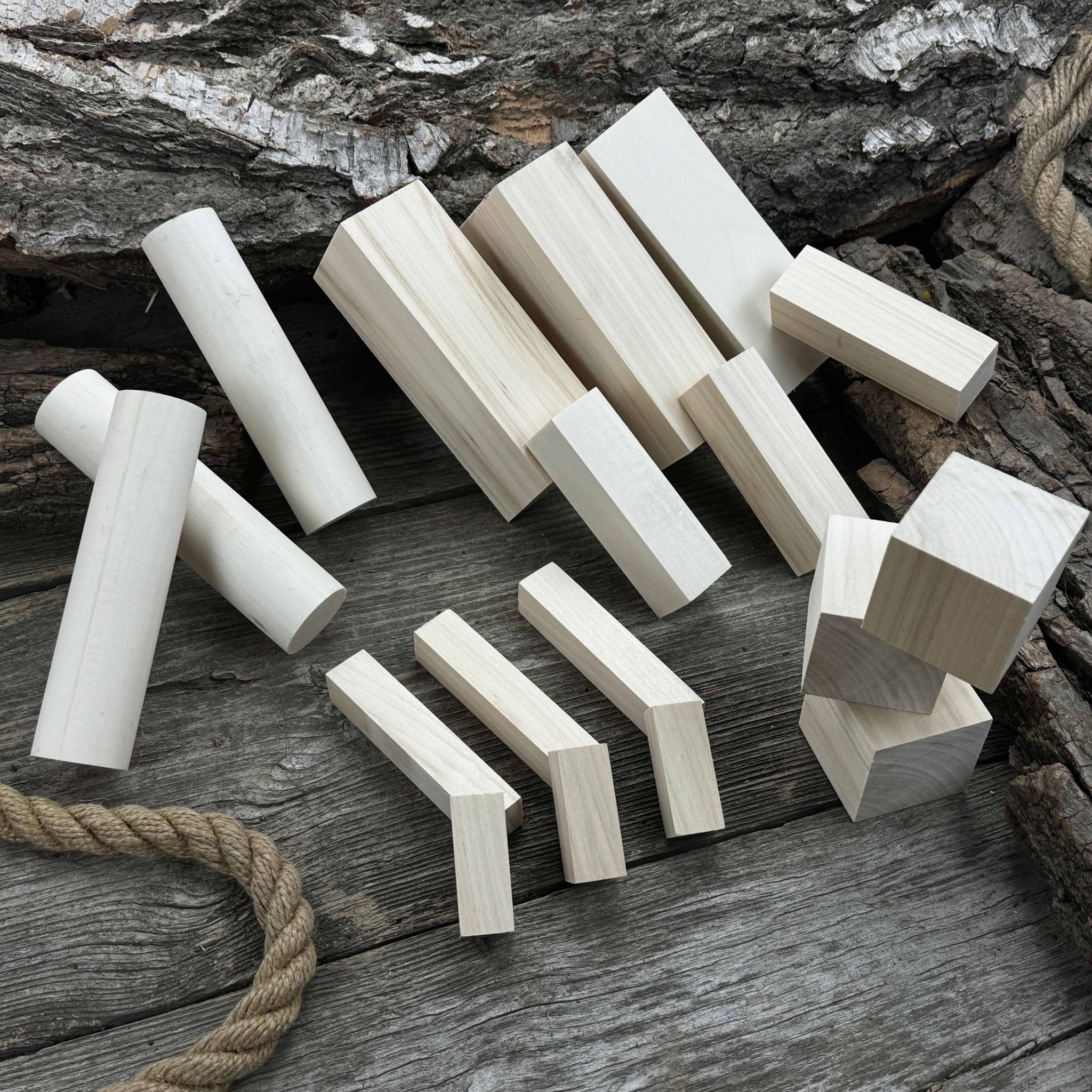 Set of 18 assorted linden wood carving blanks in various sizes by Sharky Forged Steel Tools