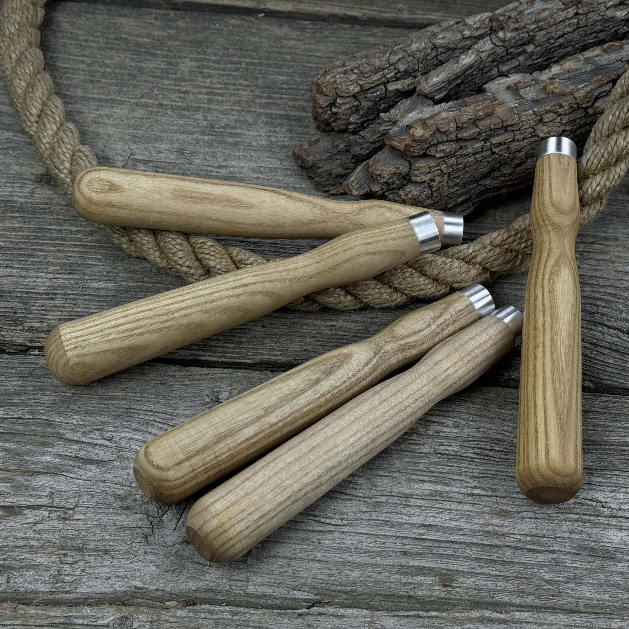 Set of 5 ash wood chisel and gouge handles with aluminum rings by Sharky Forged Steel Tools