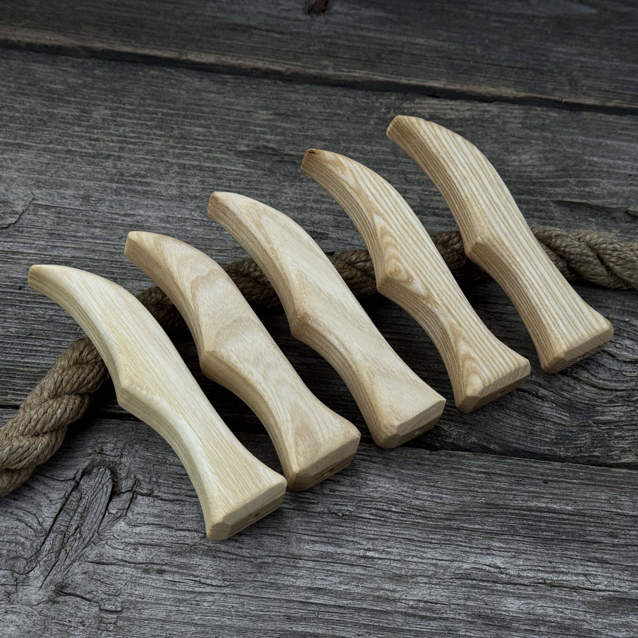 Set of 5 ergonomic ash wood knife handles by Sharky Forged Steel Tools