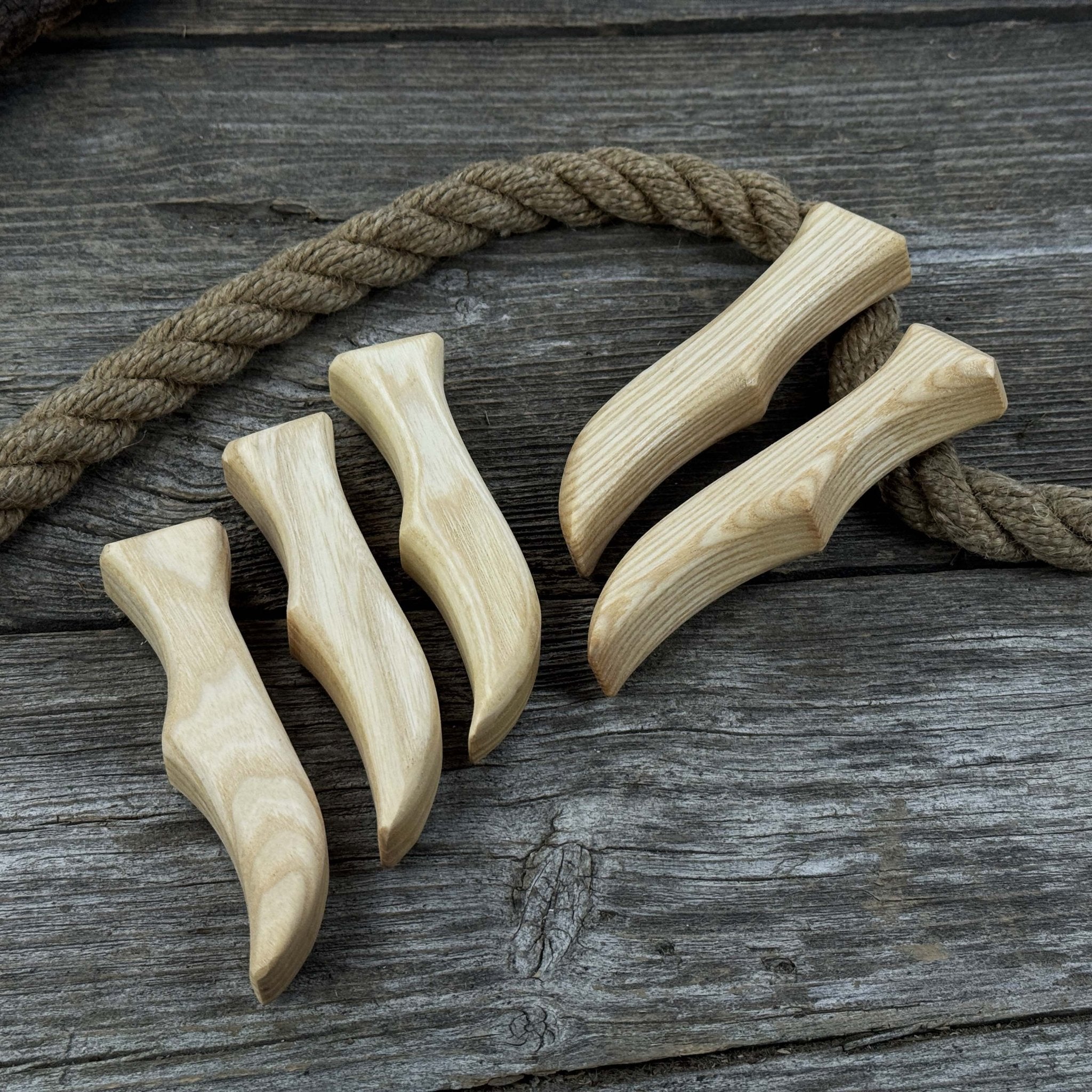 Set of 5 ergonomic ash wood knife handles by Sharky Forged Steel Tools