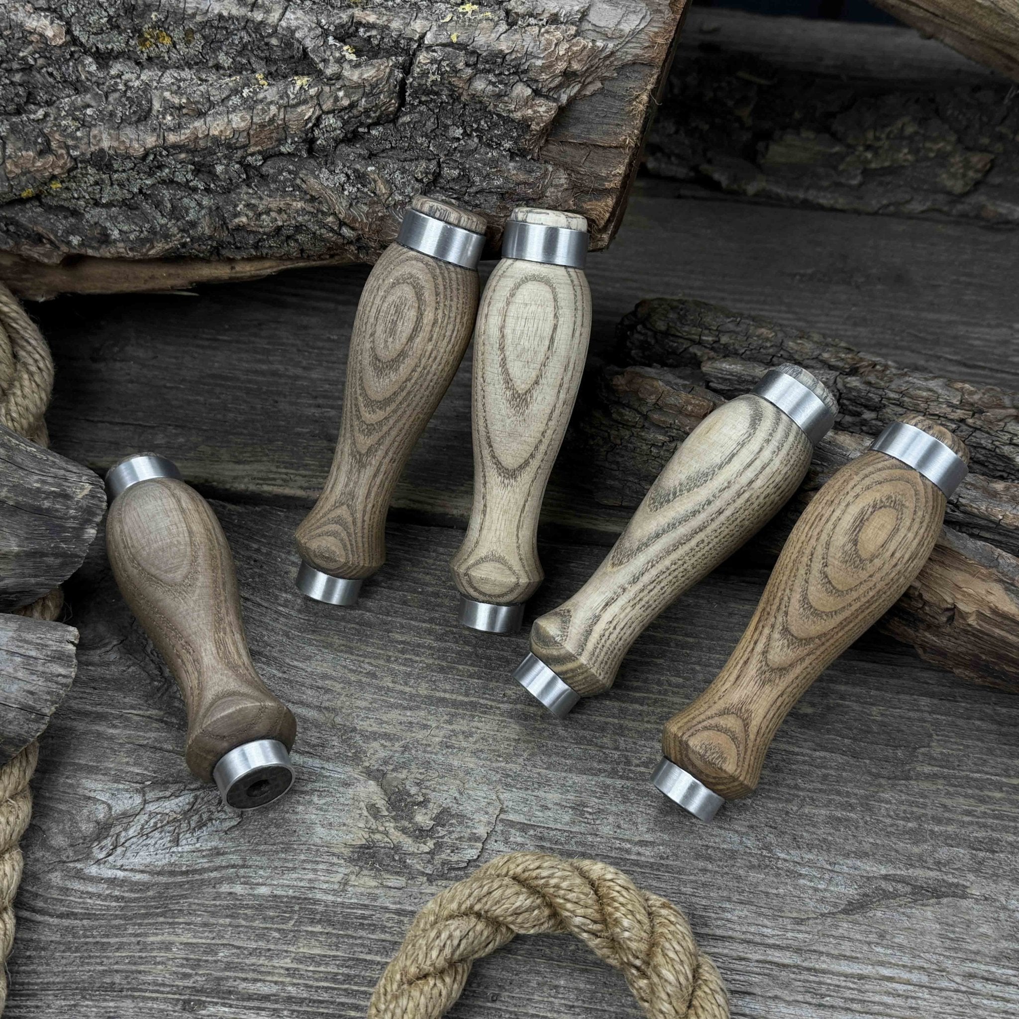 Set of 5 ash wood replacement handles with aluminum ring reinforcement for carving tools