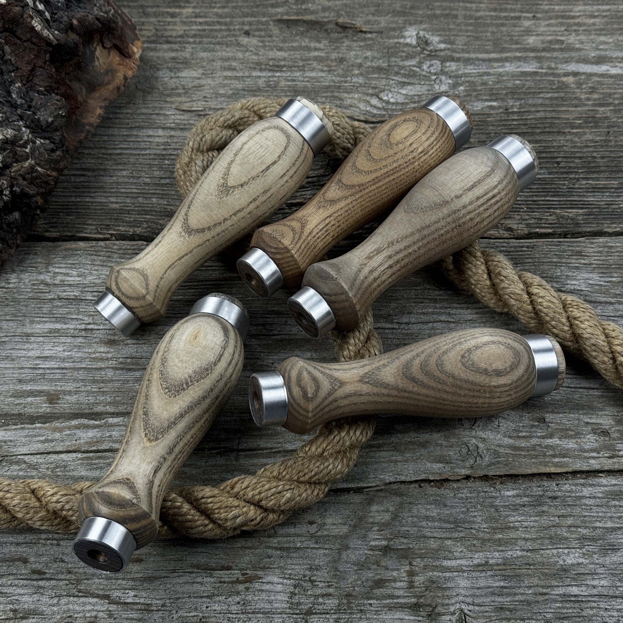 Set of 5 ash wood replacement handles with aluminum ring reinforcement for carving tools
