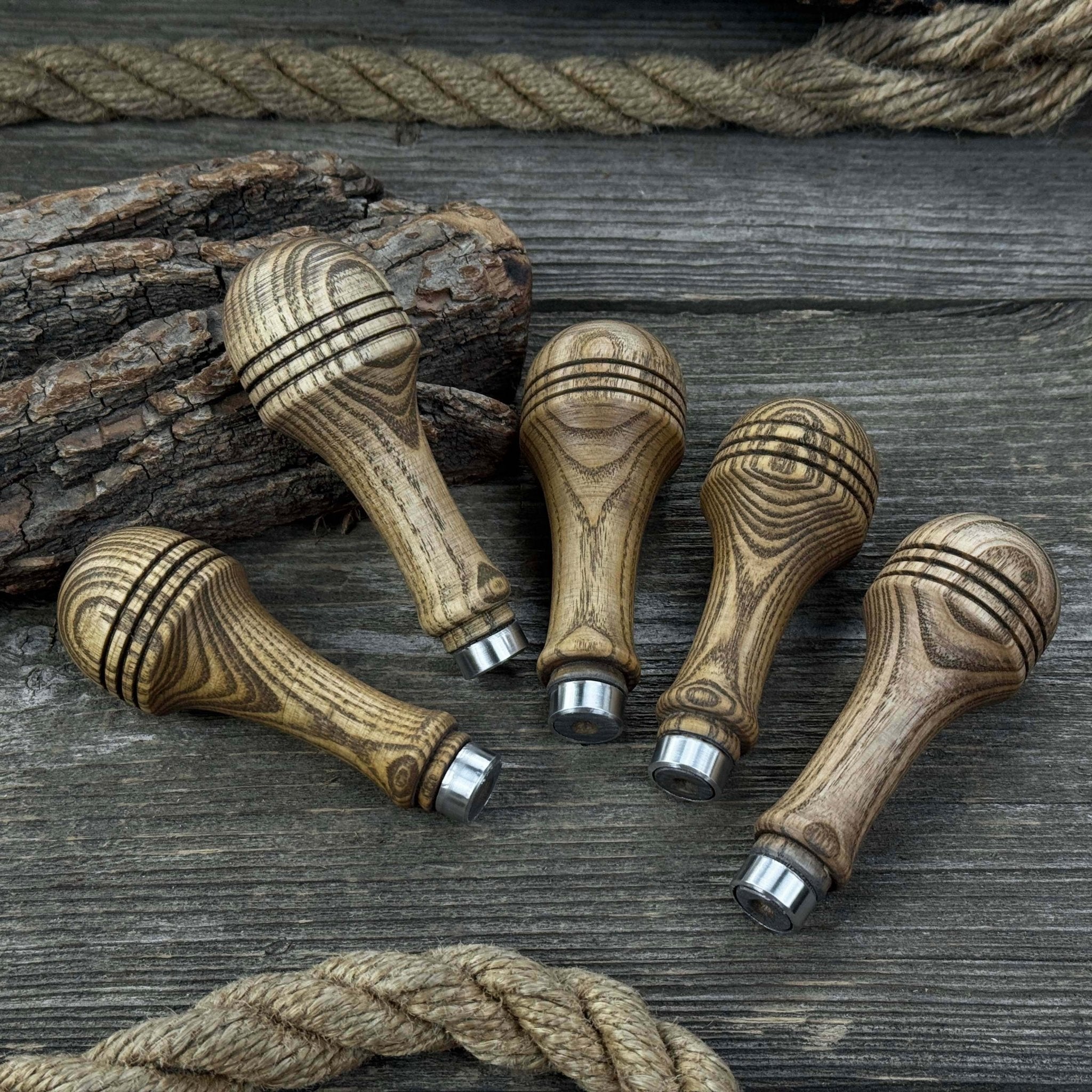 Set of 5 ash wood replacement handles with aluminum rings for woodworking tools