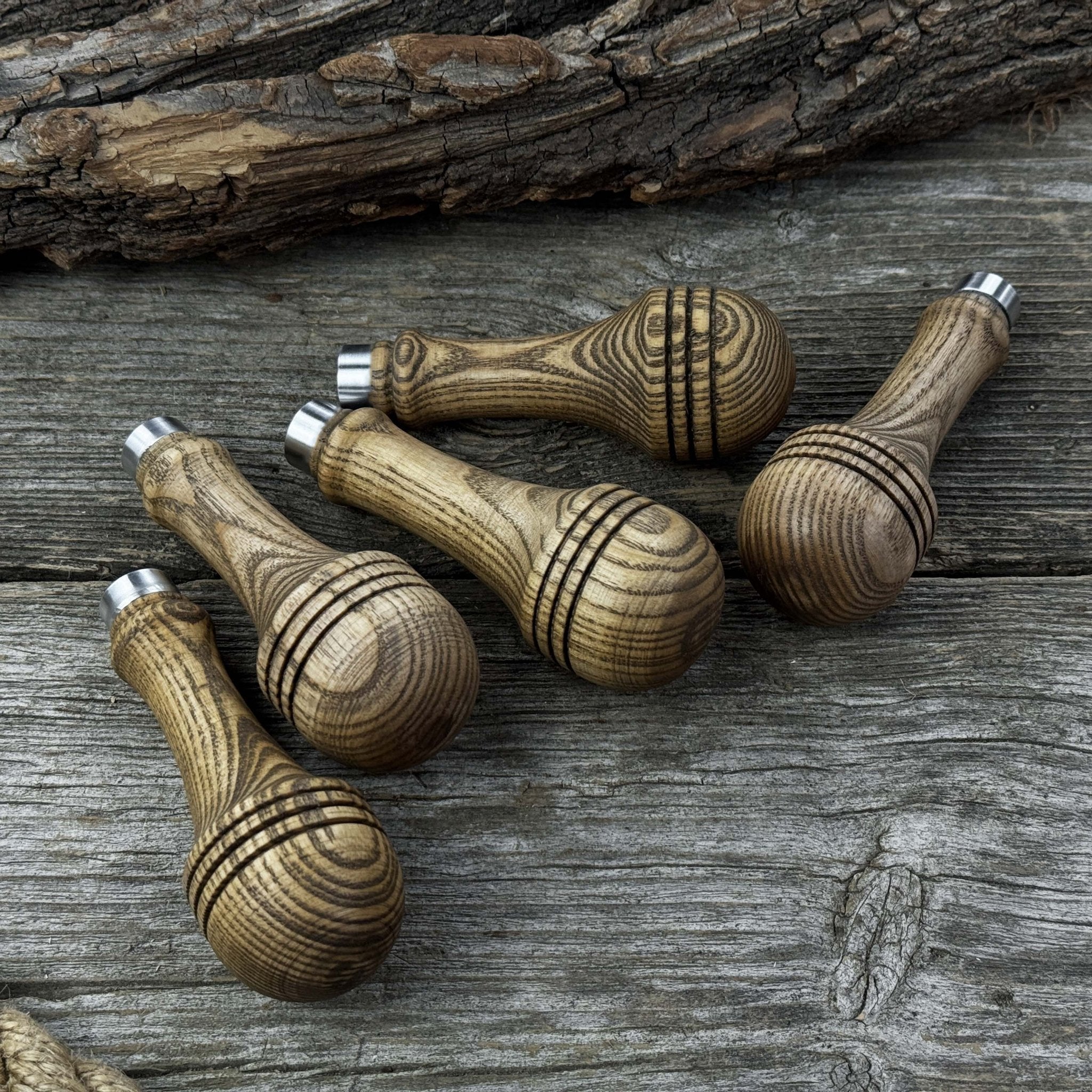 Set of 5 ash wood replacement handles with aluminum rings for woodworking tools