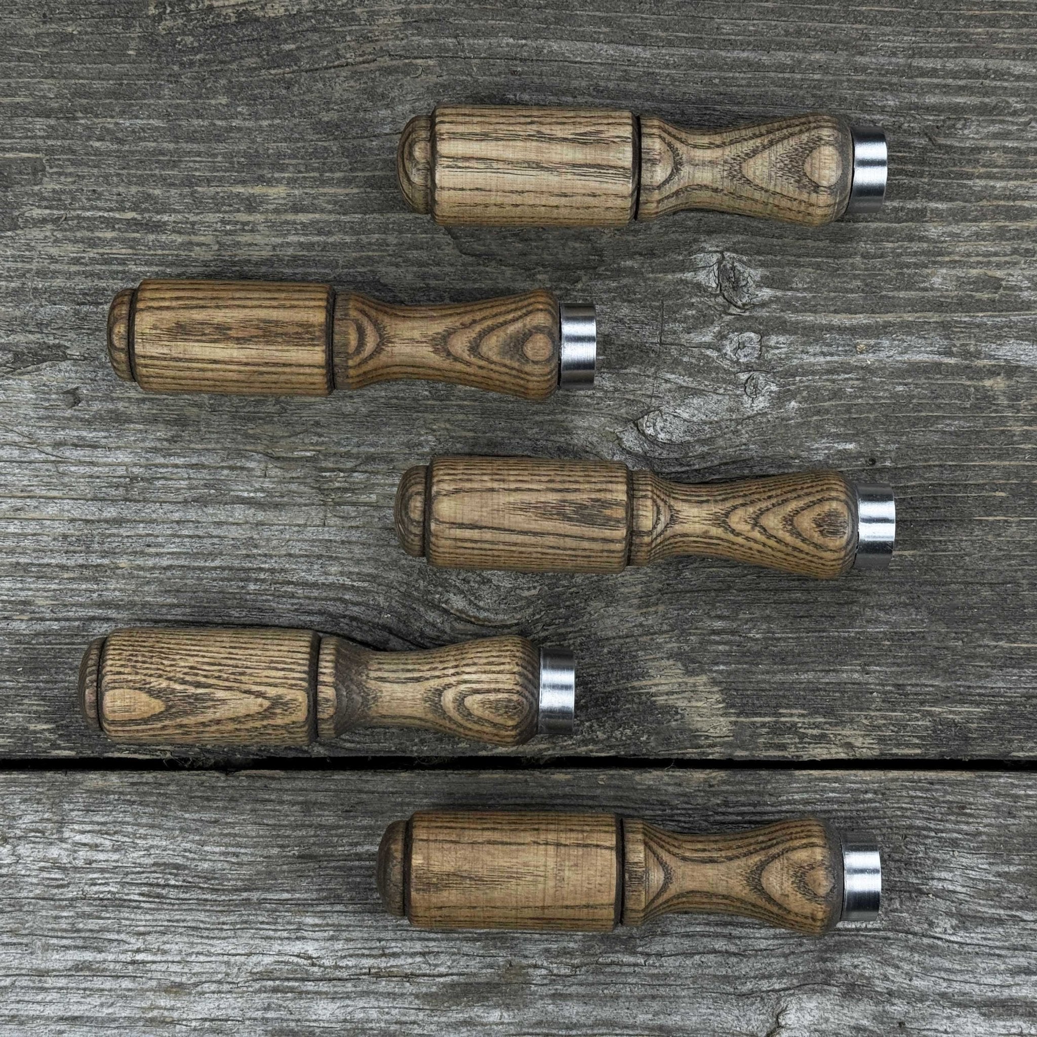 Set of 5 ash wood tool handles with aluminum rings for woodworking tools