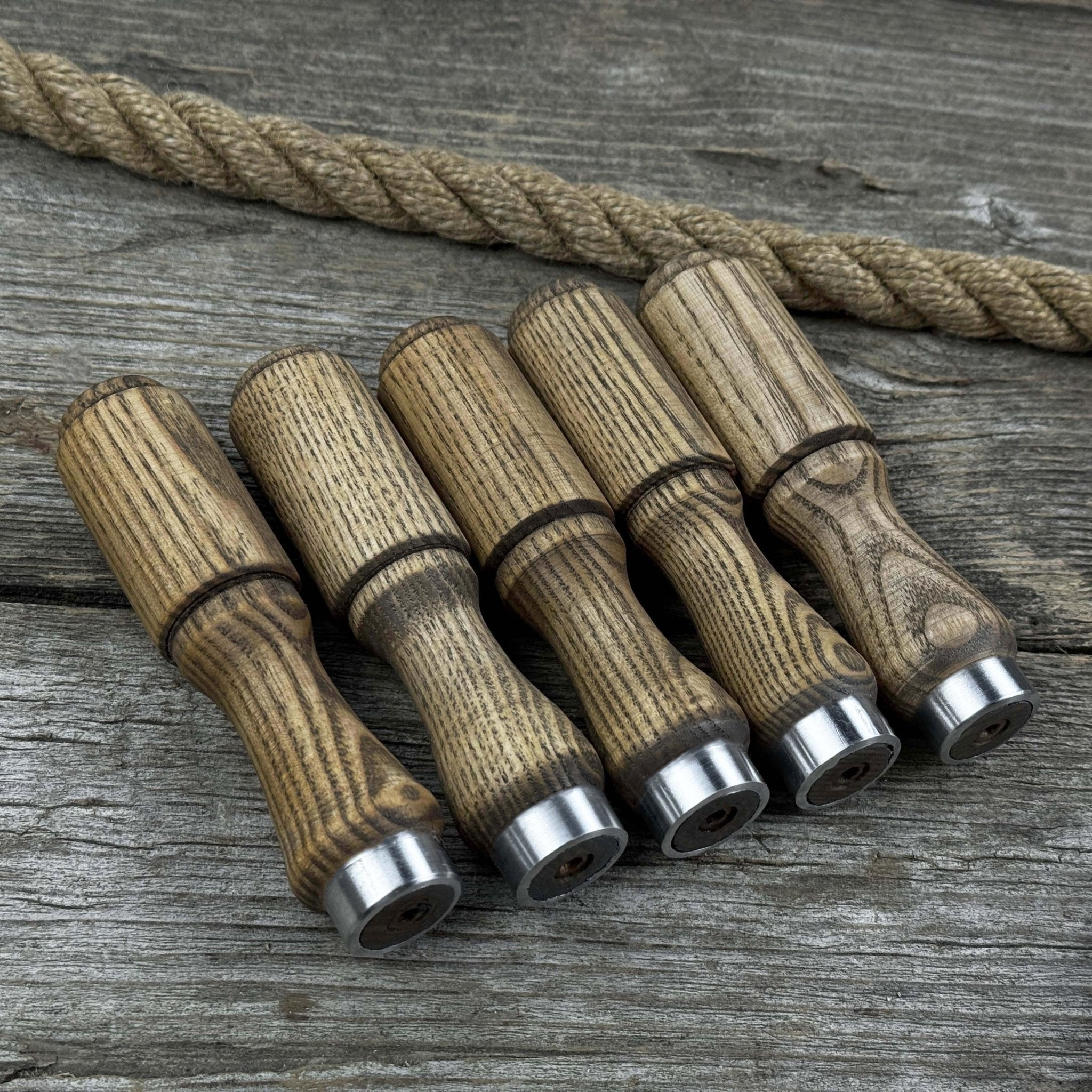 Set of 5 ash wood tool handles with aluminum rings for woodworking tools