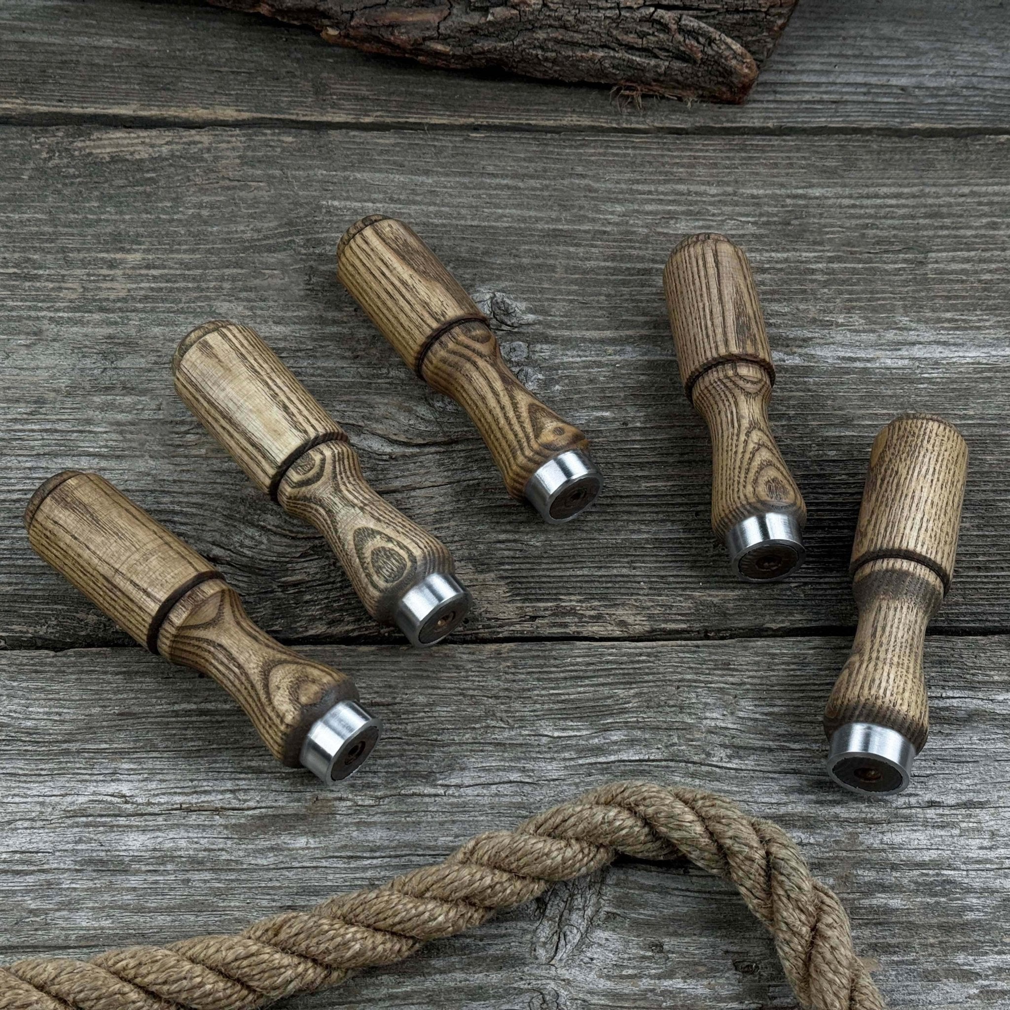 Set of 5 ash wood tool handles with aluminum rings for woodworking tools